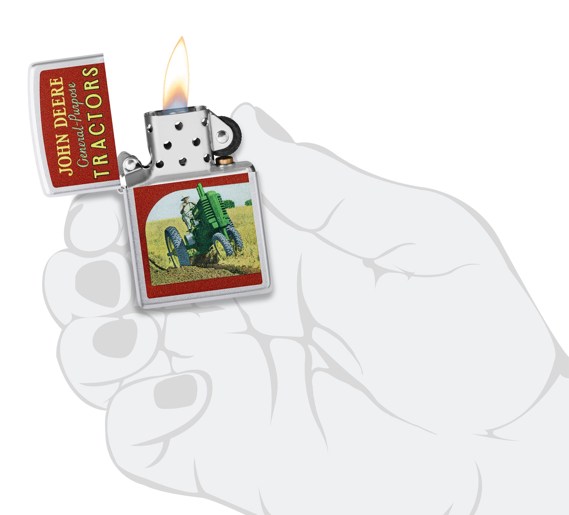 Zippo John Deere Vintage Ad Design Satin Chrome Windproof Lighter lit in hand.