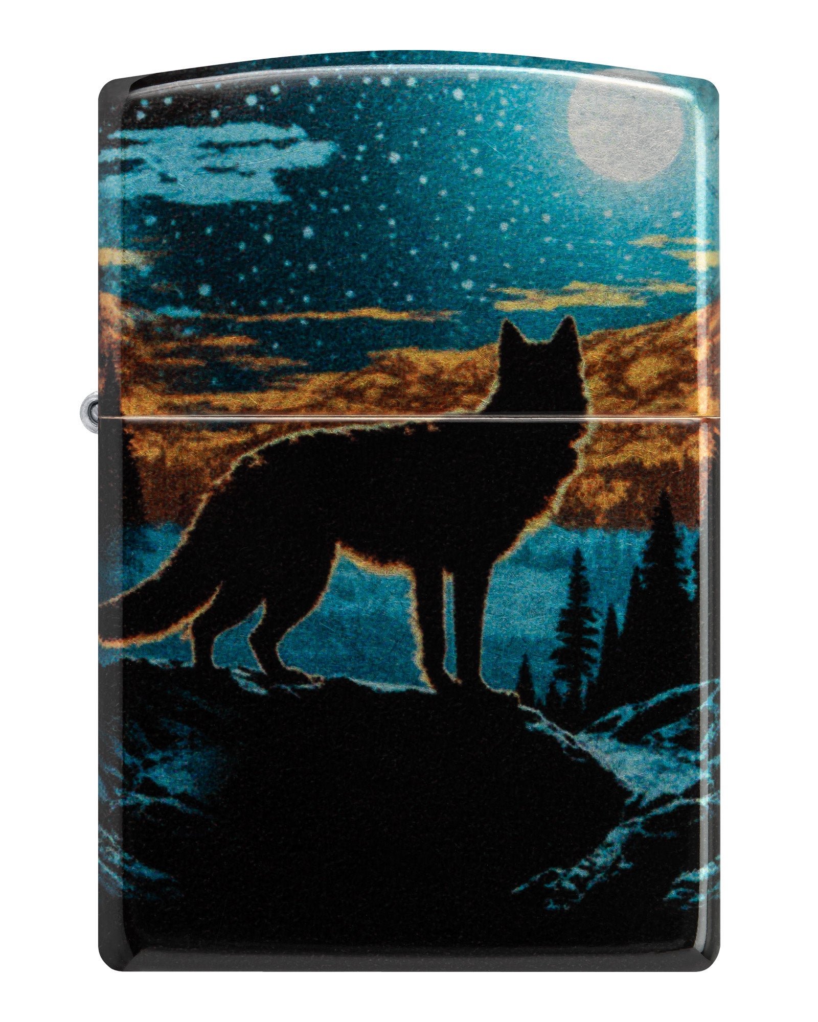 Front view of Zippo Moonlight Wolf Design 540 Tumbled Chrome Windproof Lighter.