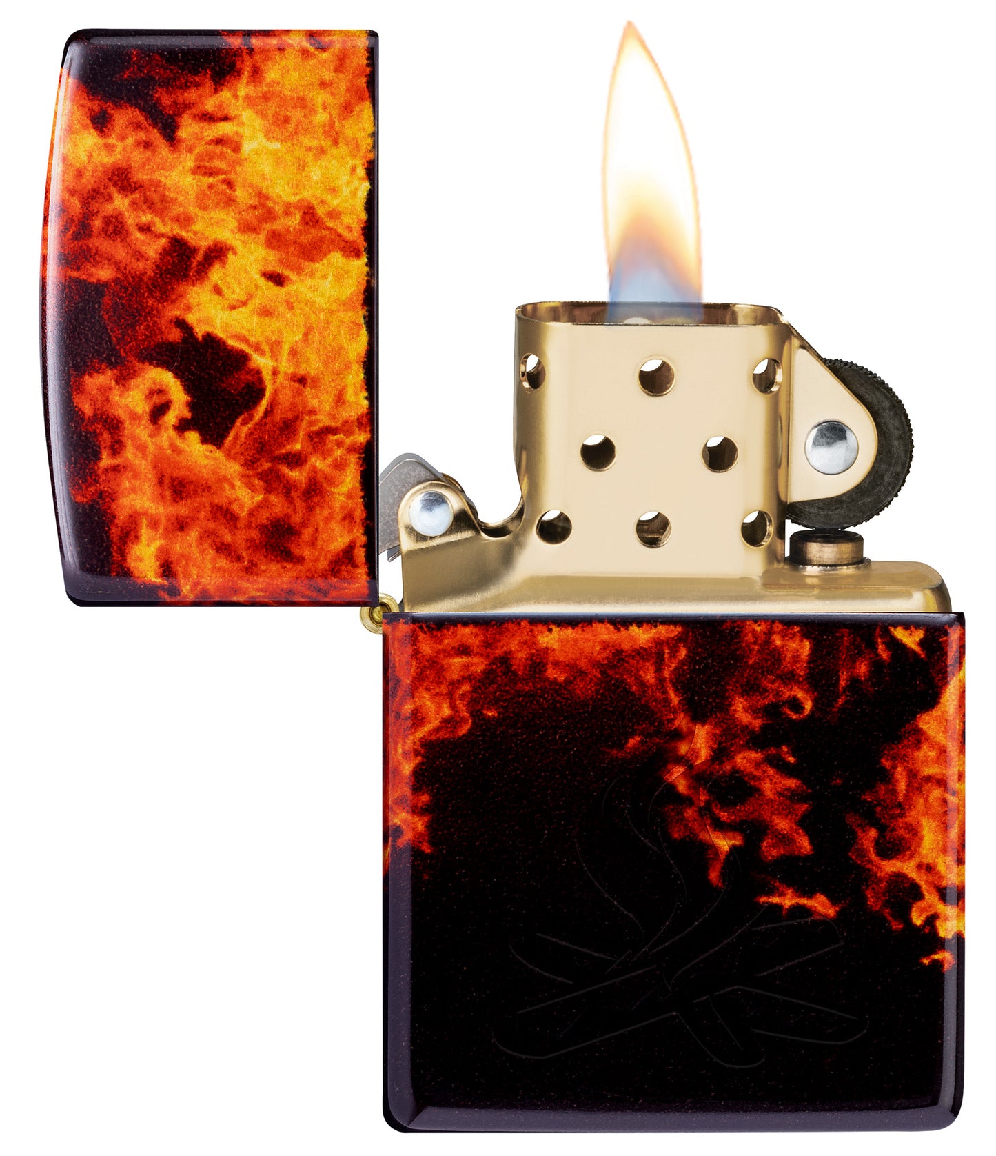 Zippo Fusion Inferno Design 540 Tumbled Brass Windproof Lighter with its lid open and lit.