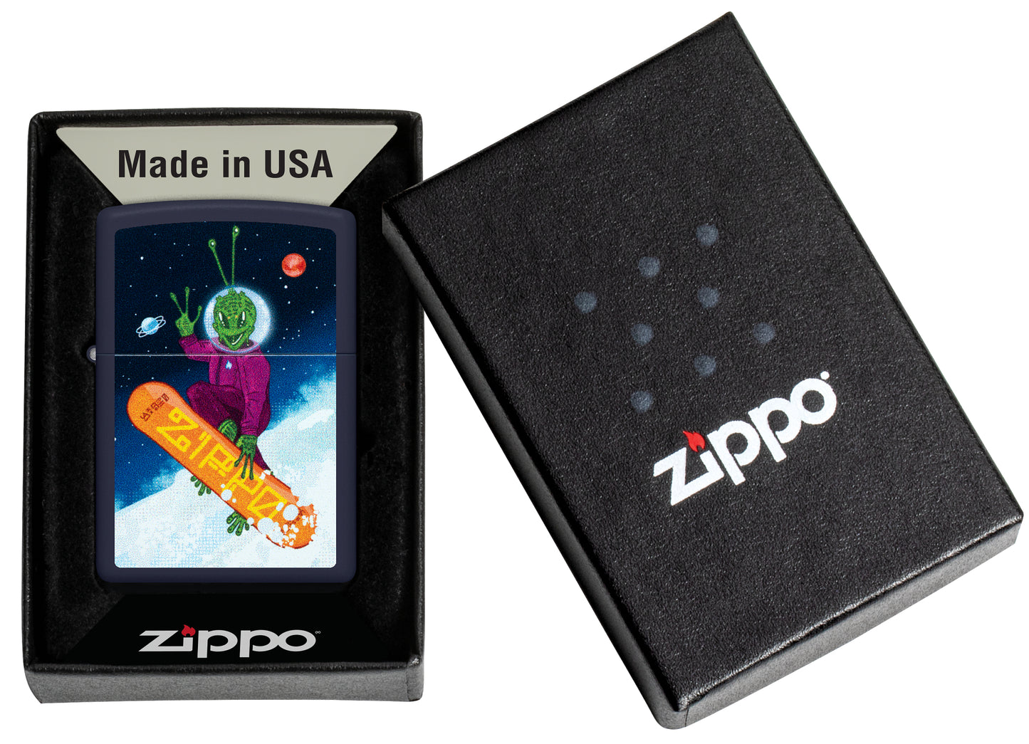 Zippo Space Shredder Design Navy Matte Windproof Lighter in its packaging.