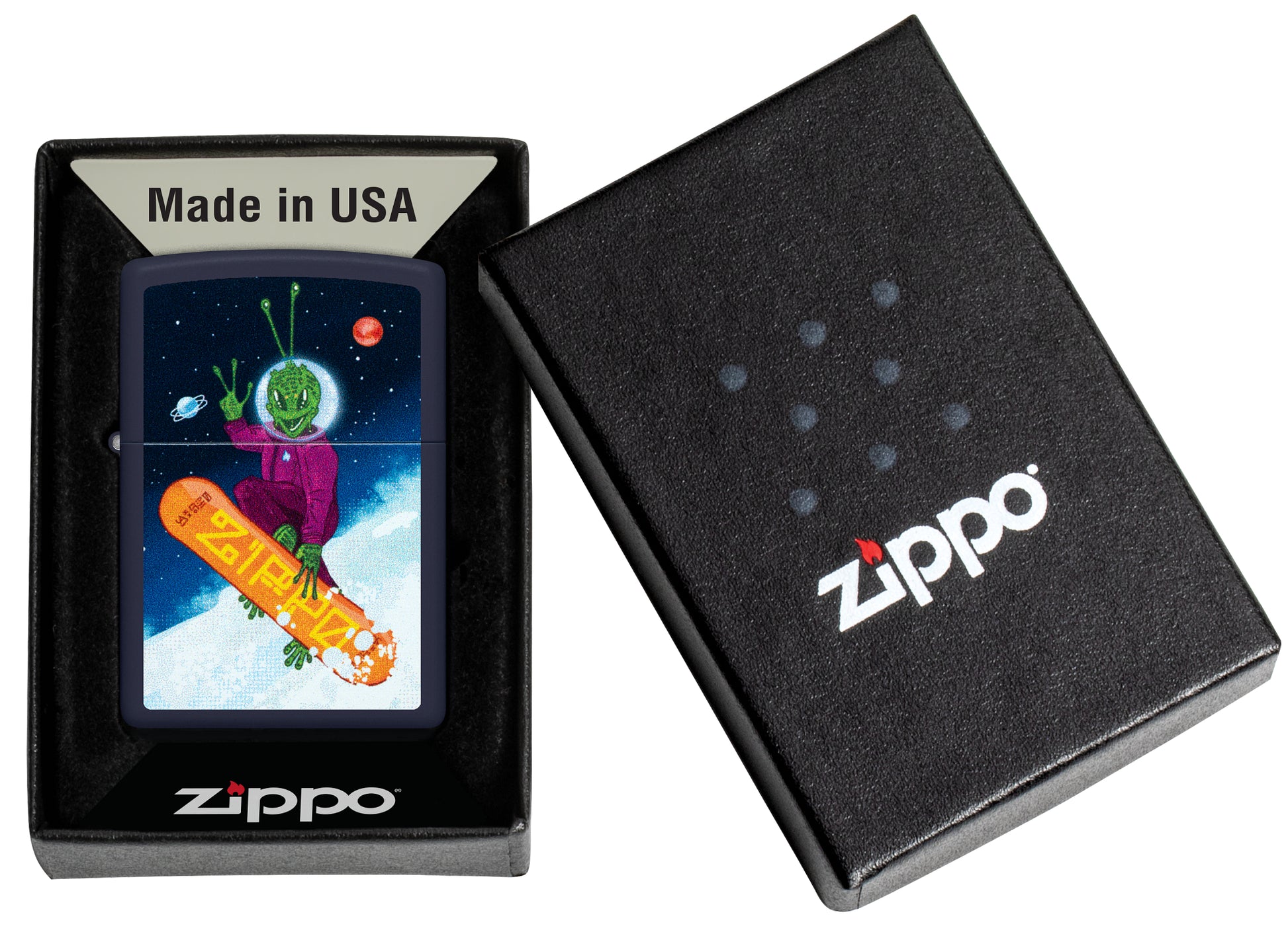 Zippo Space Shredder Design Navy Matte Windproof Lighter in its packaging.