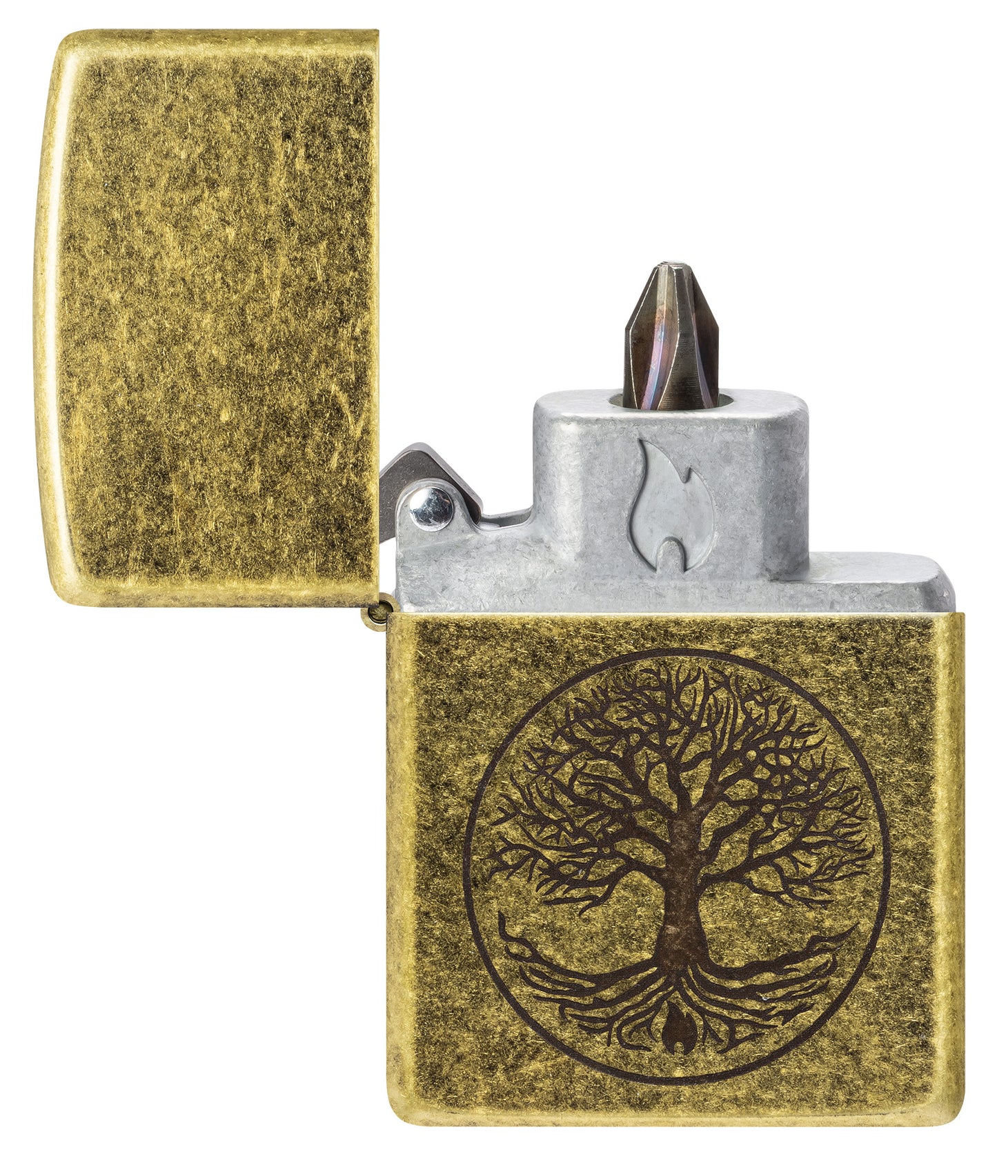 Tree of Life Design Windproof Lighter with its lid open and showing the Bit Safe Screwdriver USA.