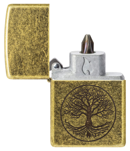 Tree of Life Design Windproof Lighter with its lid open and showing the Bit Safe Screwdriver USA. 