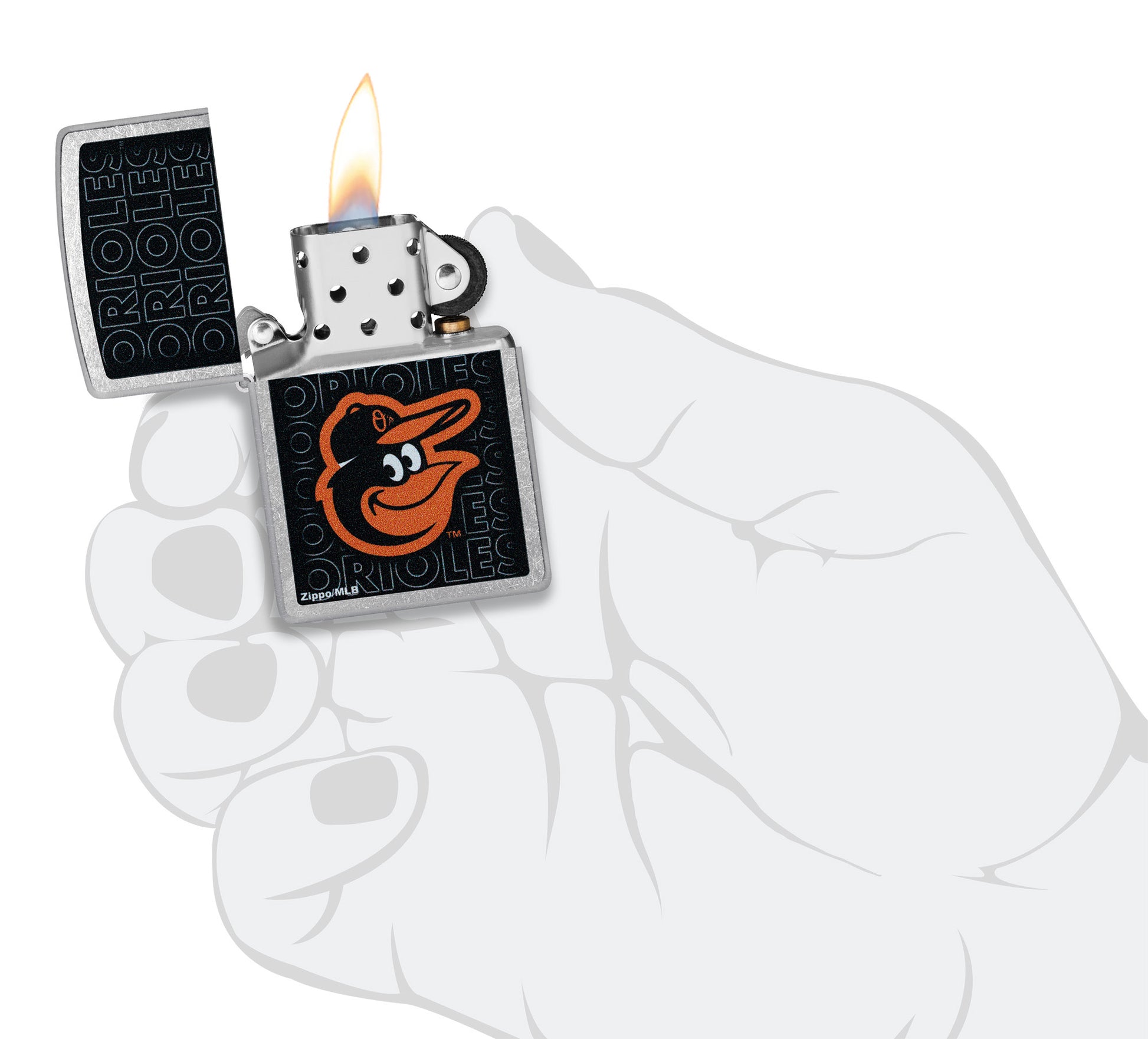 Zippo MLB® Baltimore Orioles Street Chrome Windproof Lighter lit in hand.