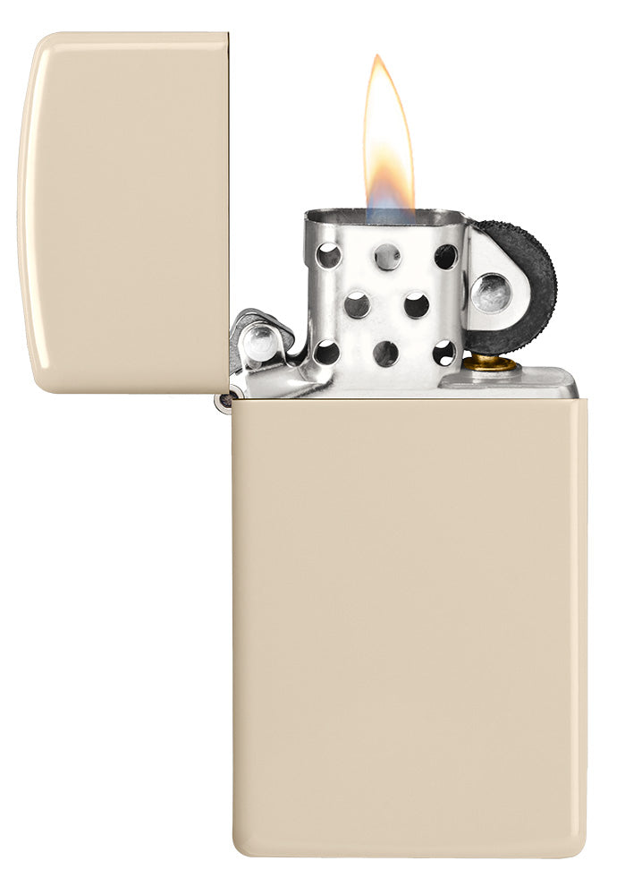 Slim® Flat Sand Windproof Lighter with its lid open and lit.