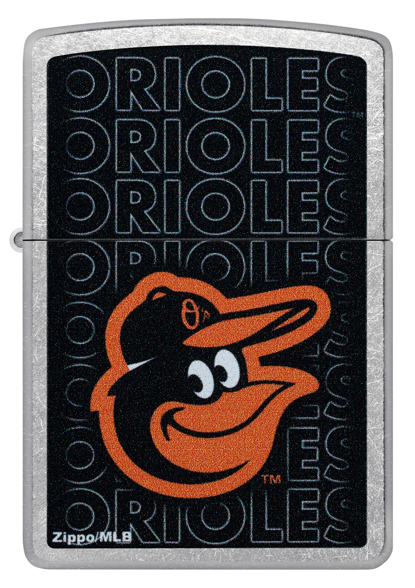 Front view of Zippo MLB® Baltimore Orioles Street Chrome Windproof Lighter.