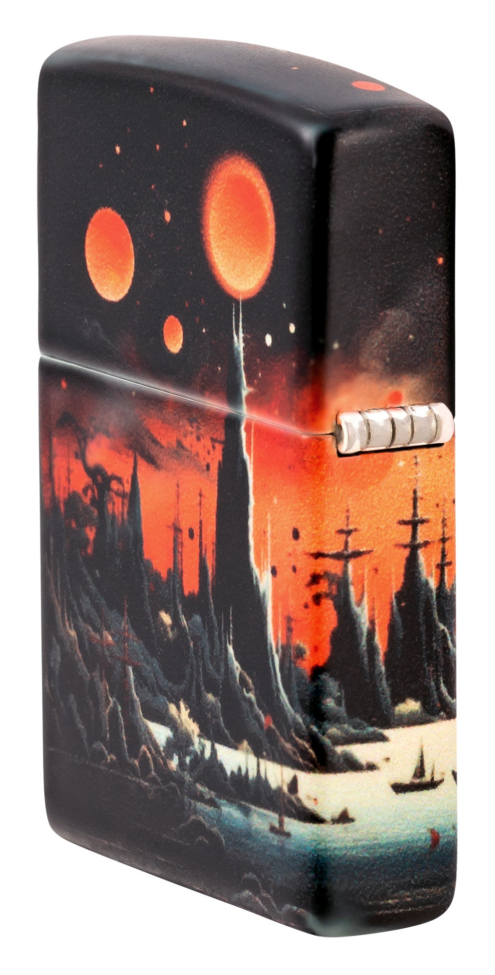 Angled shot of Zippo Galactic Landscape Design 540 Matte Windproof Lighter showing the back and hinge side of the lighter.