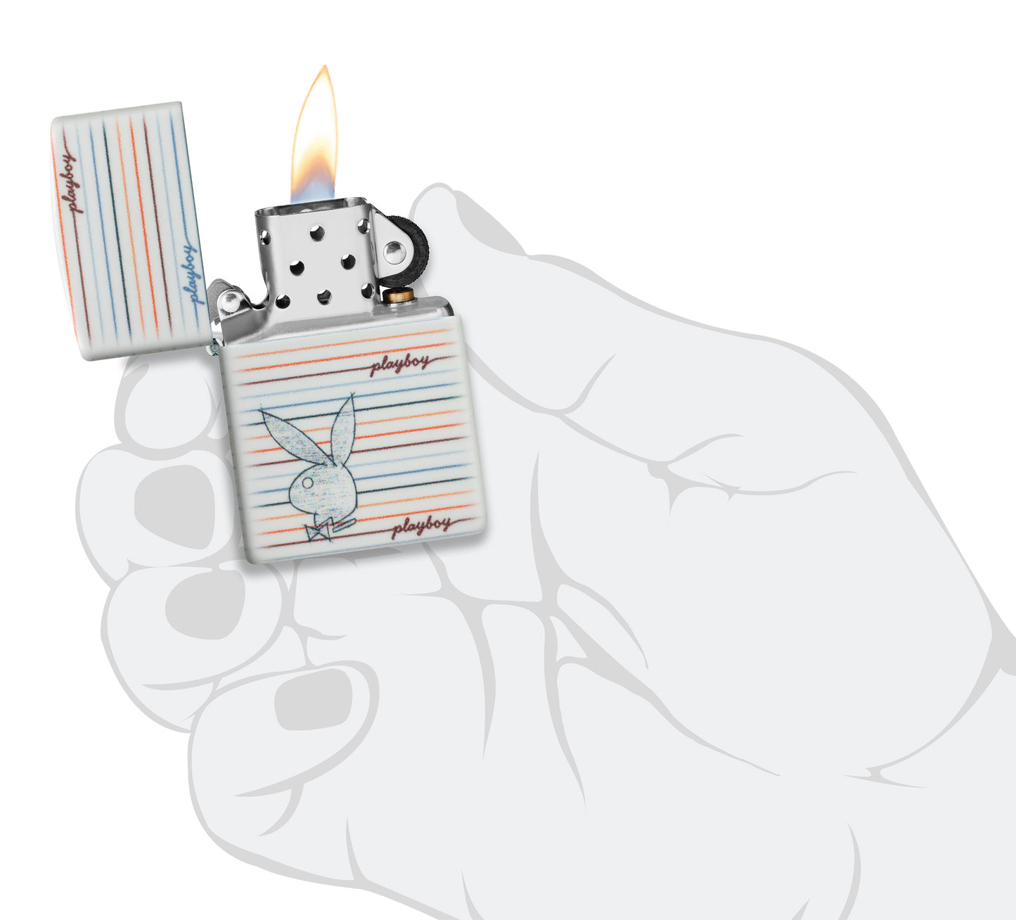 Zippo Playboy Rabbit Silhouette Line Design White 540 Matte Windproof Lighter lit in hand.