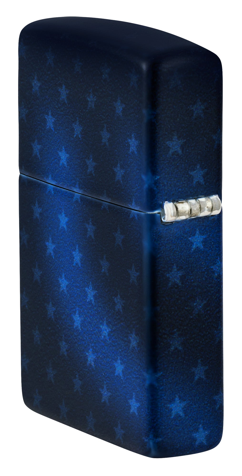 Angled shot of Zippo Folds of Honor Star-Studded Design 540 Matte Pocket Lighter showing the back and hinge sides of the lighter.