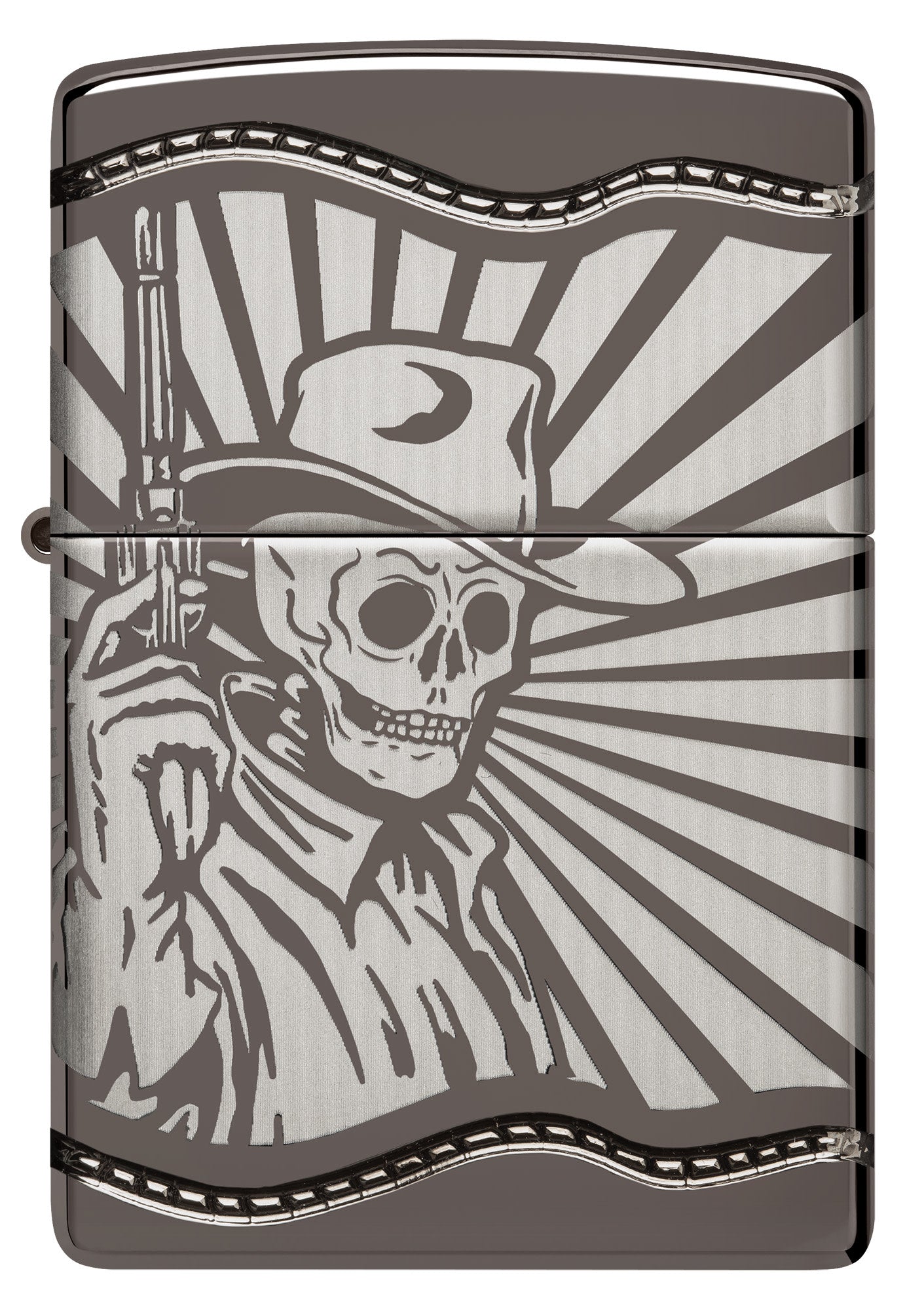 Front shot of Zippo Skeleton Cowboy Design Armor® Black Ice Windproof Lighter.