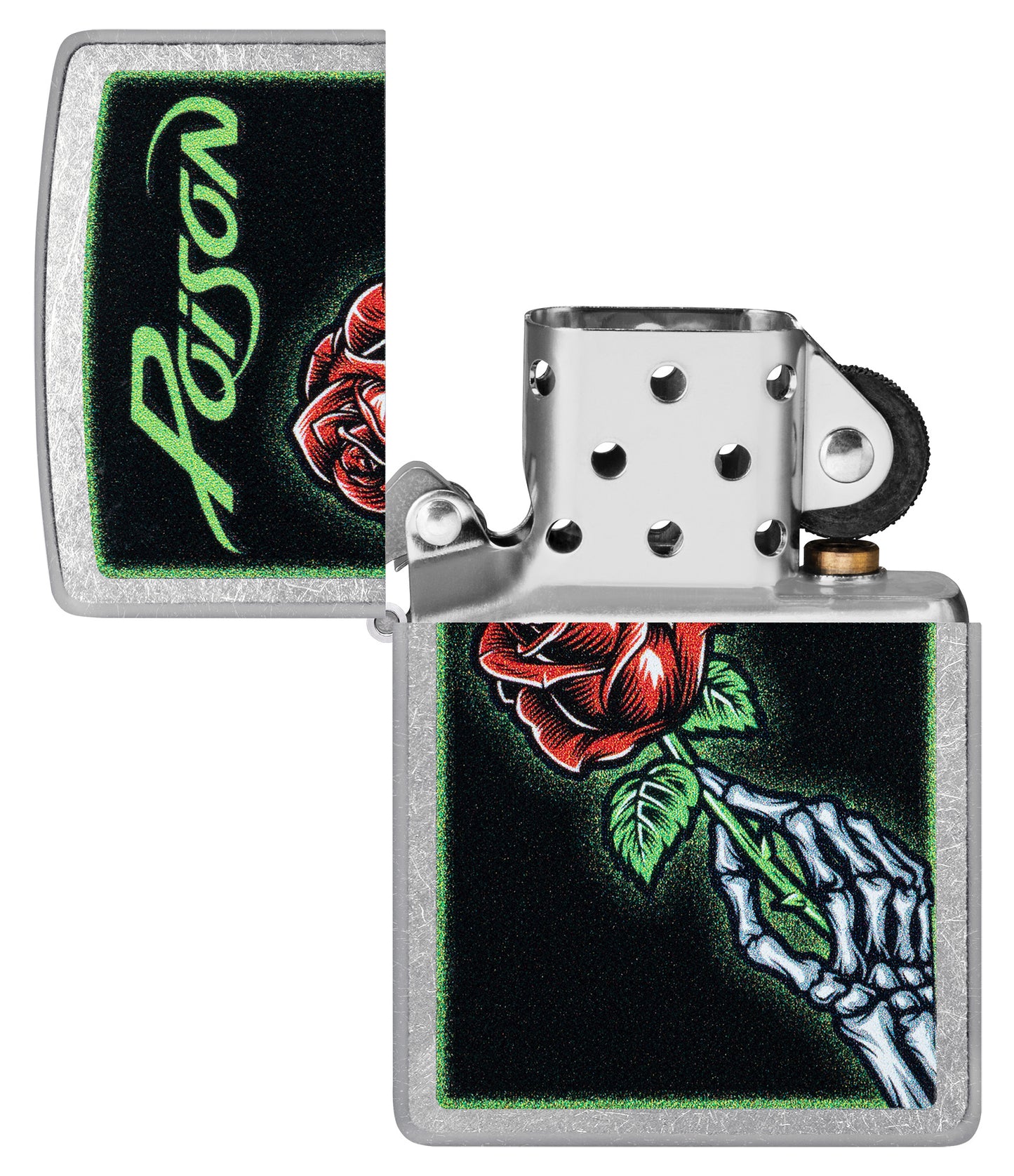Zippo Poison Vibrant Rose Design Street Chrome Windproof Lighter with its lid open and unlit.
