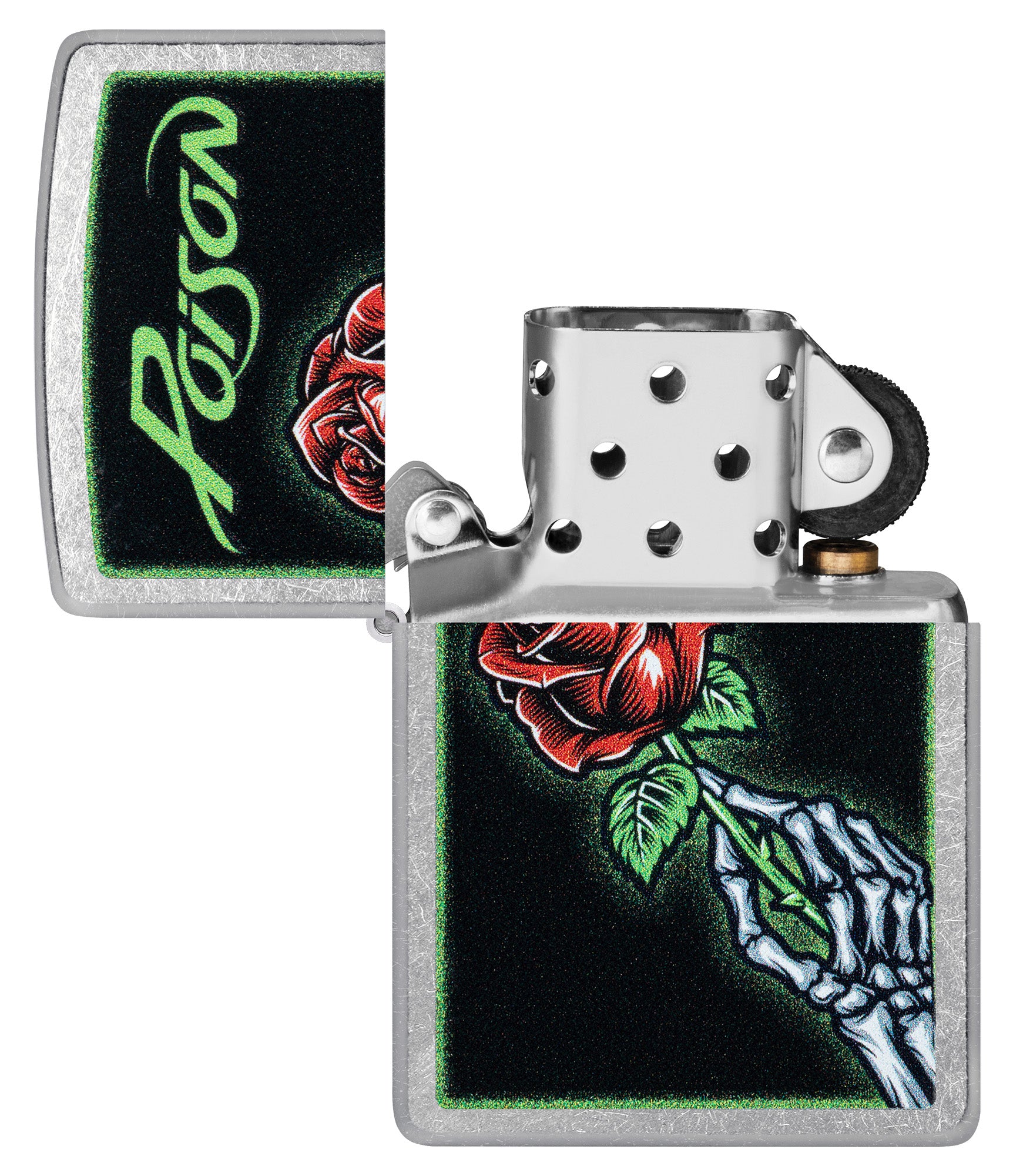 Zippo Poison Vibrant Rose Design Street Chrome Windproof Lighter with its lid open and unlit.