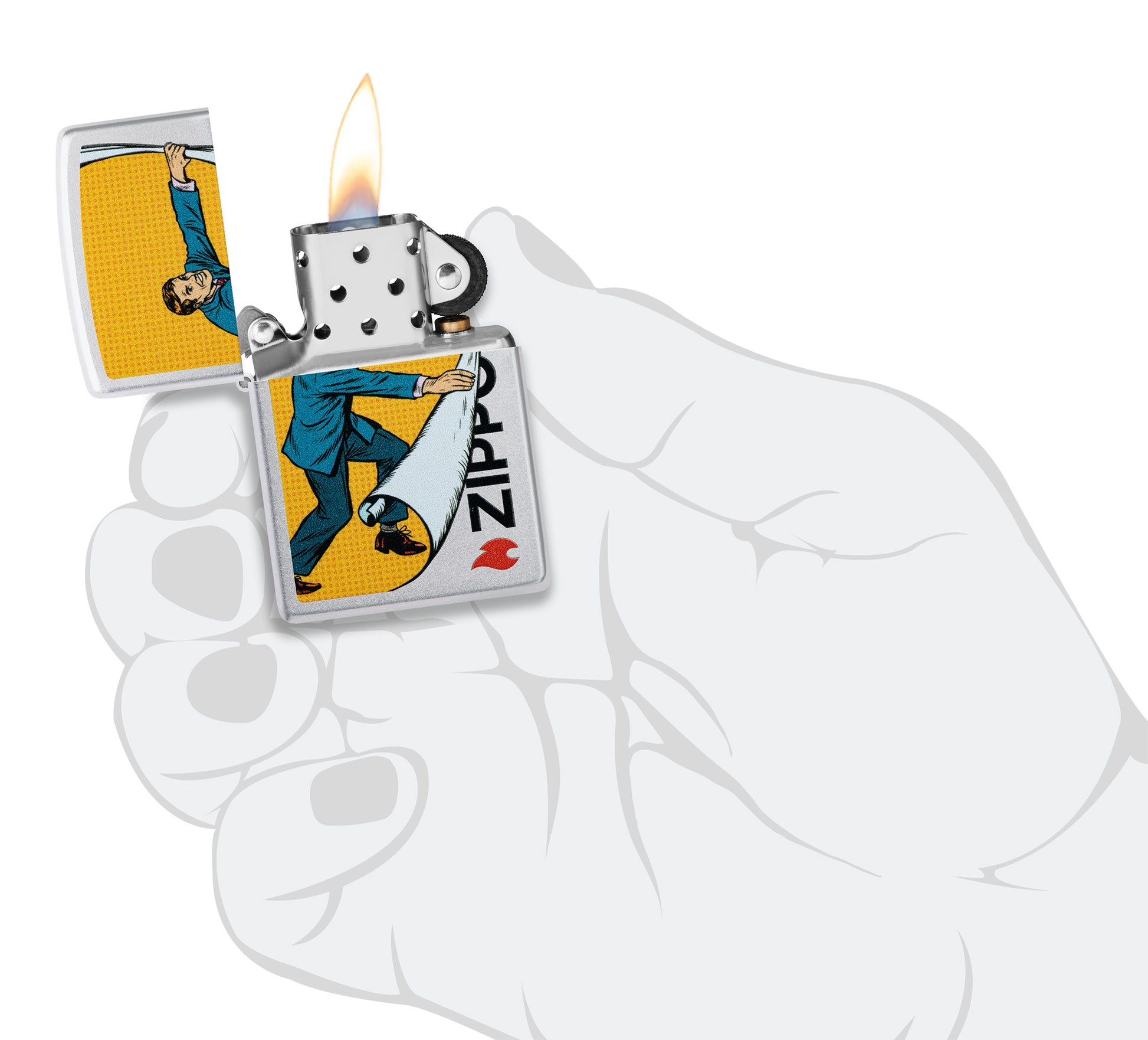 Zippo Reveal Design Satin Chrome Windproof Lighter lit in hand.