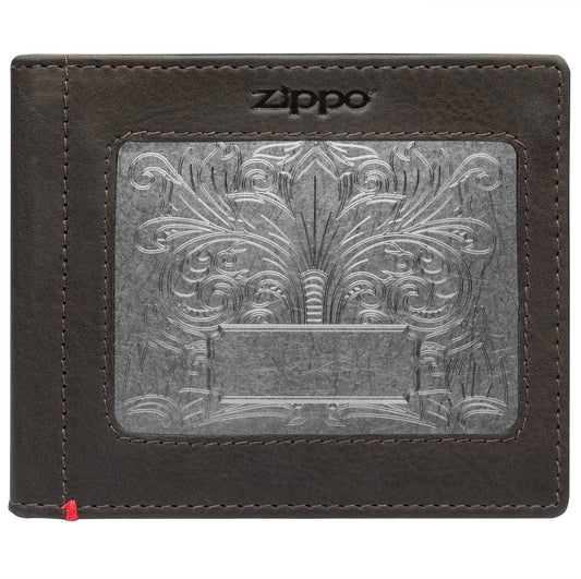 Front of mocha Leather Wallet With Fandango Metal Plate - ID Window