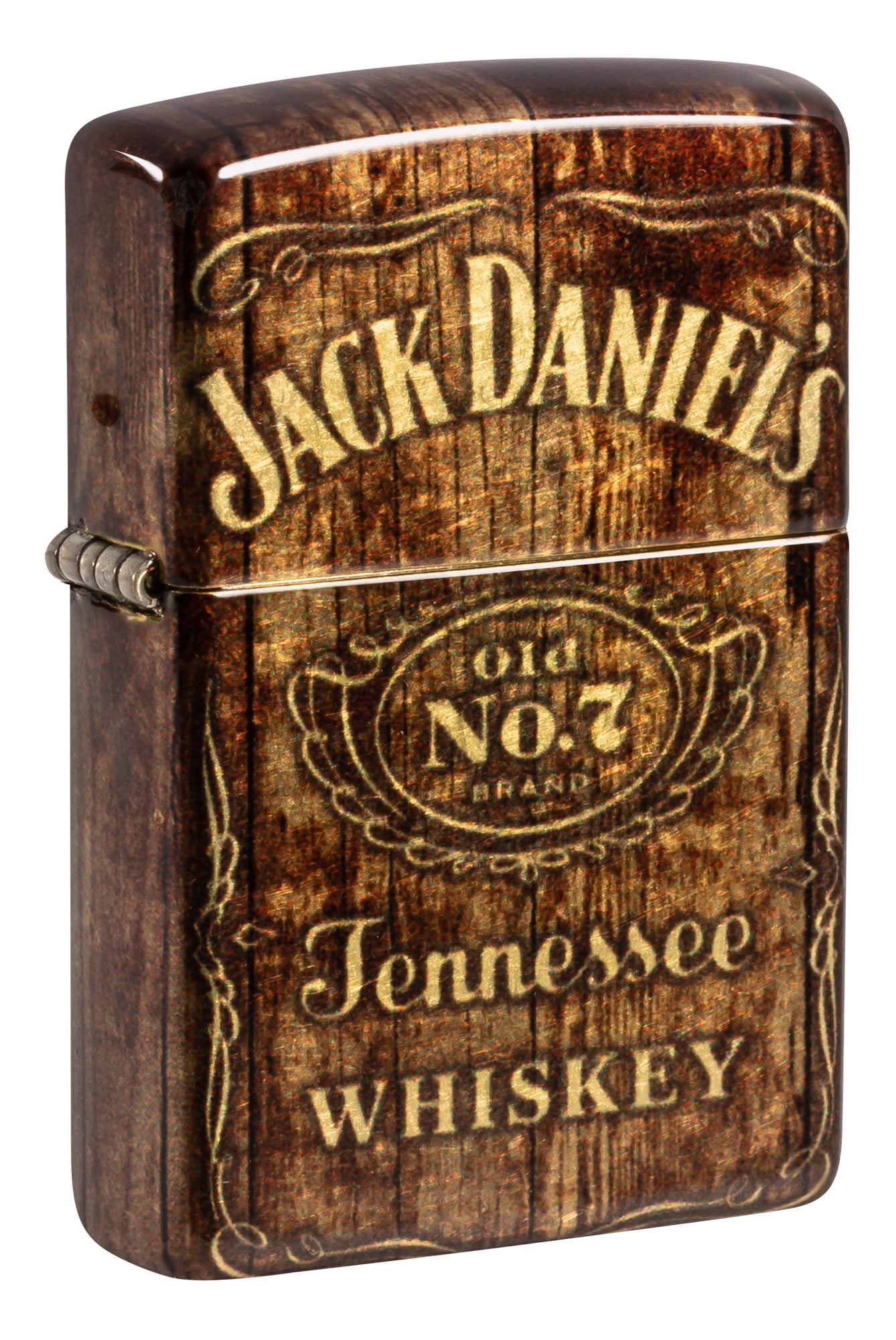 Front shot of Zippo Jack Daniel's® Barrel Design 540 Tumbled Brass Windproof Lighter standing at a 3/4 angle.