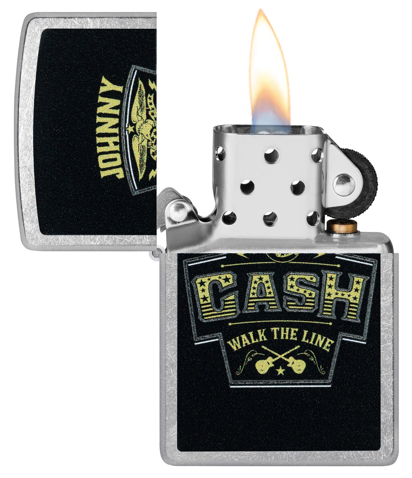 Zippo Johnny Cash Marquee Design Street Chrome Windproof Lighter with its lid open and lit.
