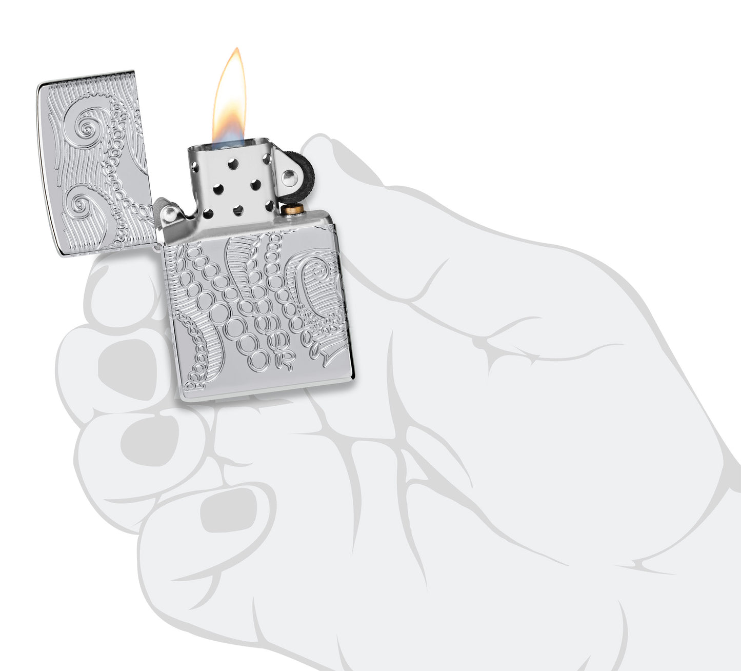 Zippo Tentacles Design Armor® High Polish Chrome Windproof Lighter lit in hand.