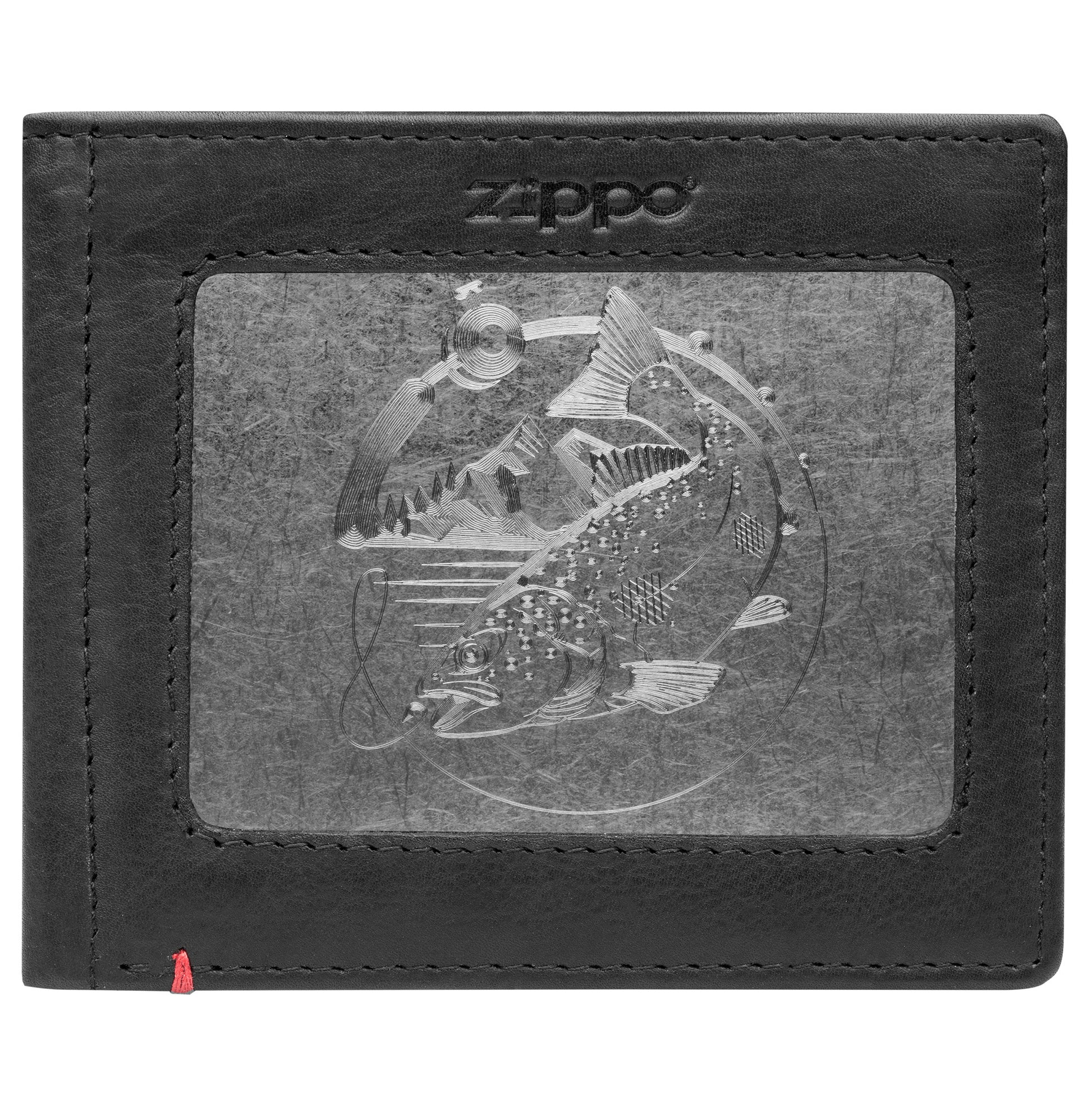 Front of black Leather Wallet With Bass Metal Plate Design - ID Window