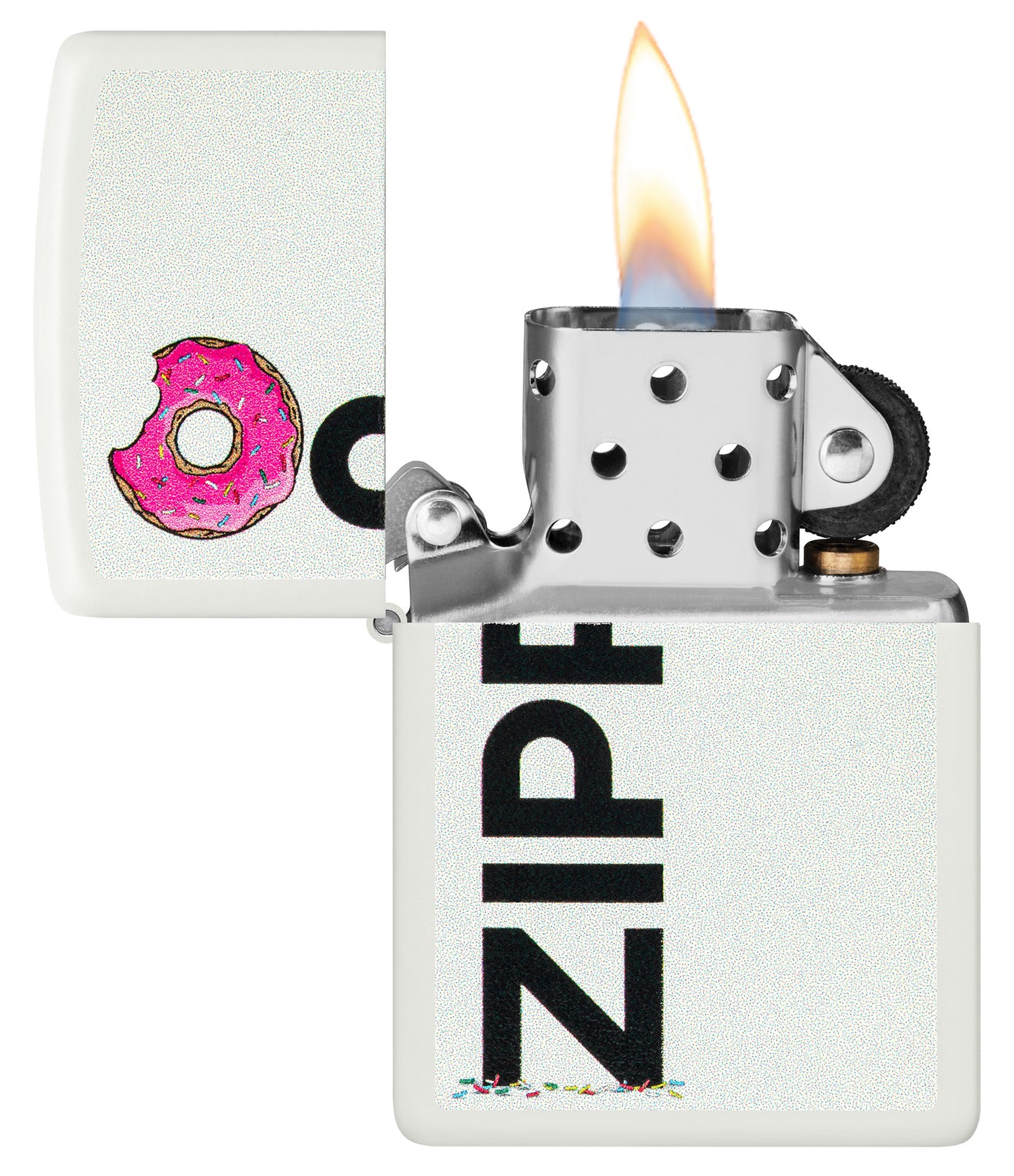 Frosted Zippo Design White Matte Windproof Lighter with its lid open and lit.