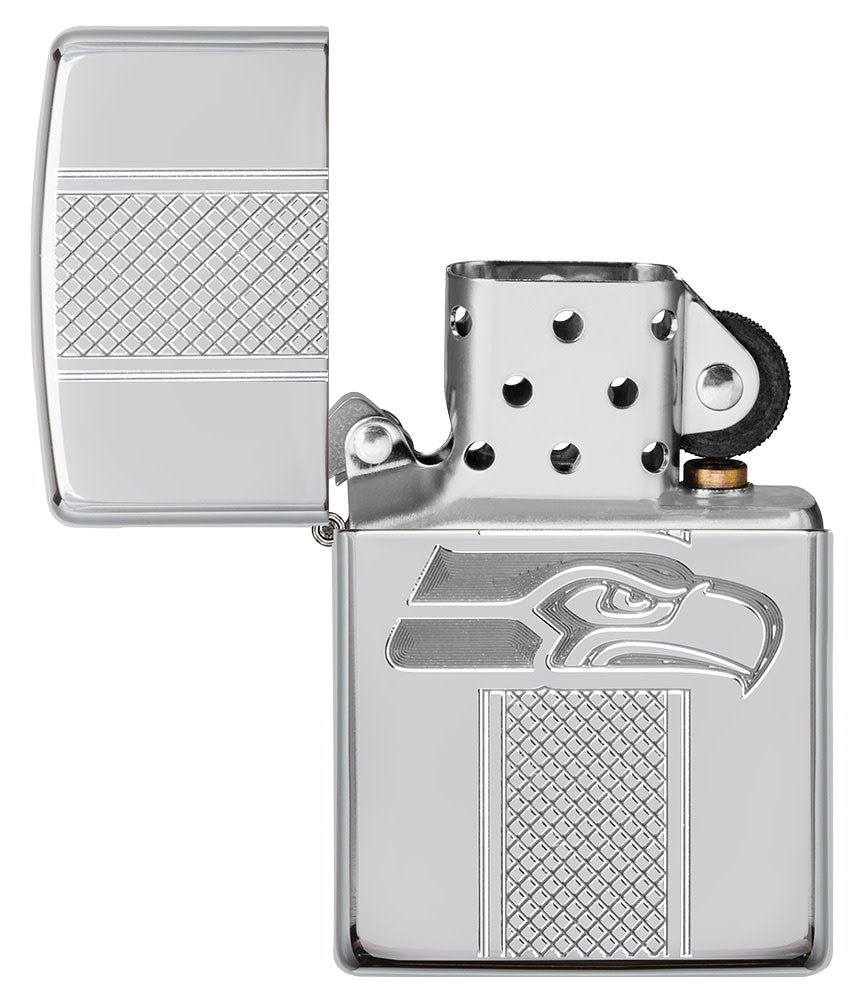 NFL Seattle Seahawks Deep Carve Collectible Windproof Lighter with its lid open and lit