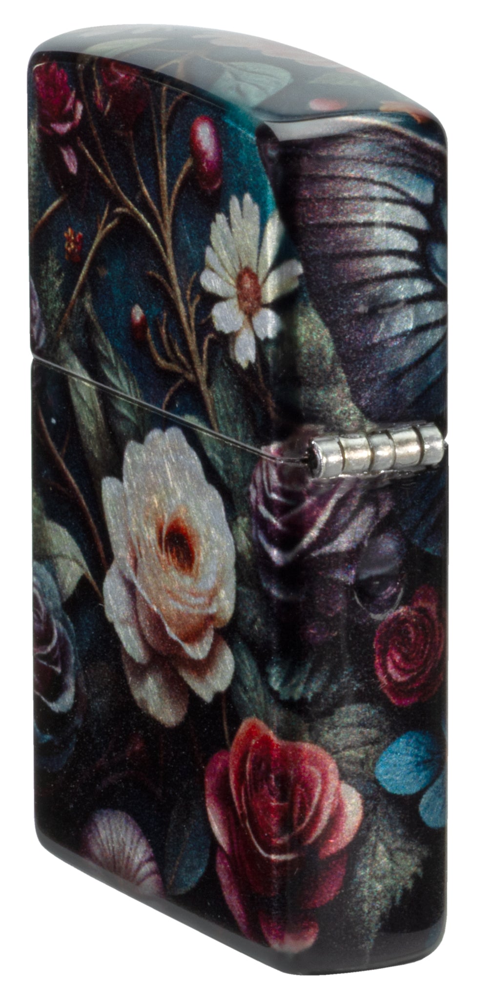 Angled shot of  Zippo Butterfly Skull Design 540 Tumbled Chrome Windproof Lighter  showing the back and hinge sides of the lighter.