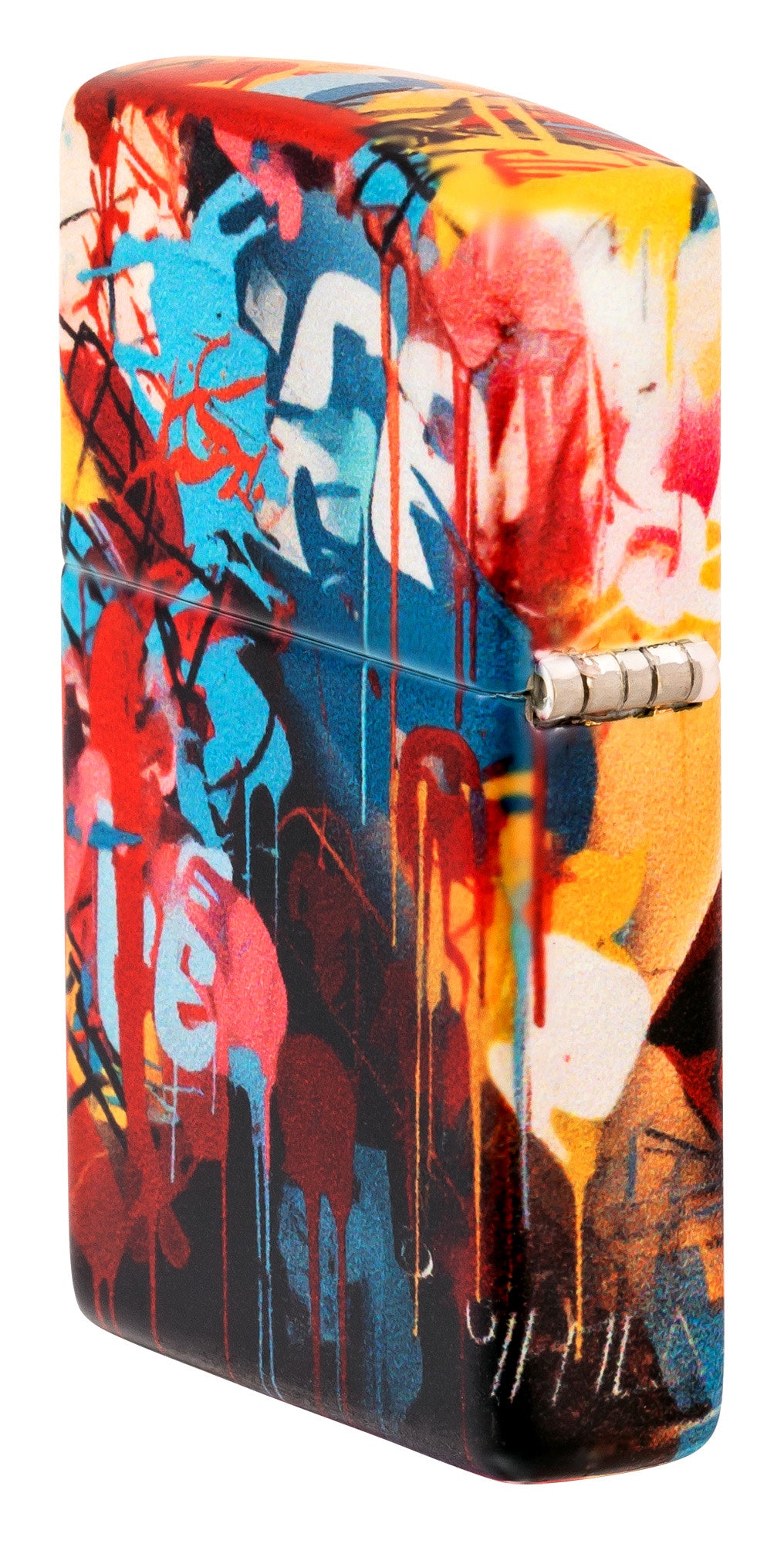 Angled shot of Zippo Street Art Design 540 Matte Windproof Lighter showing the back and hinge side of the lighter.