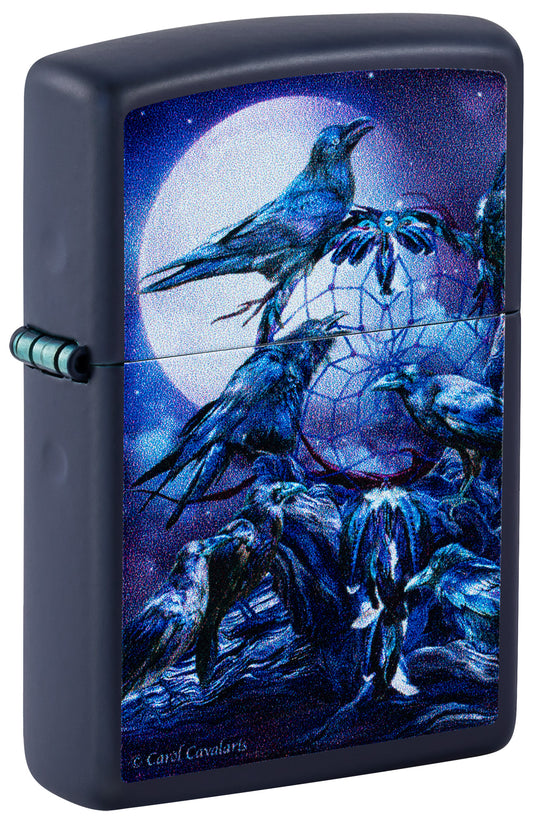 Front shot of Zippo Carol Cavalaris Raven dreams Design Navy Matte Windproof Lighter standing at a 3/4 angle.