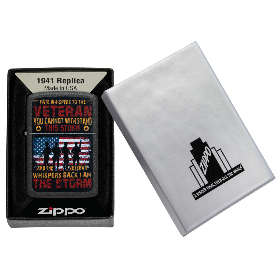 Zippo I am the Storm Design 1941 Replica Black Crackle® Windproof Lighter in its packaging.