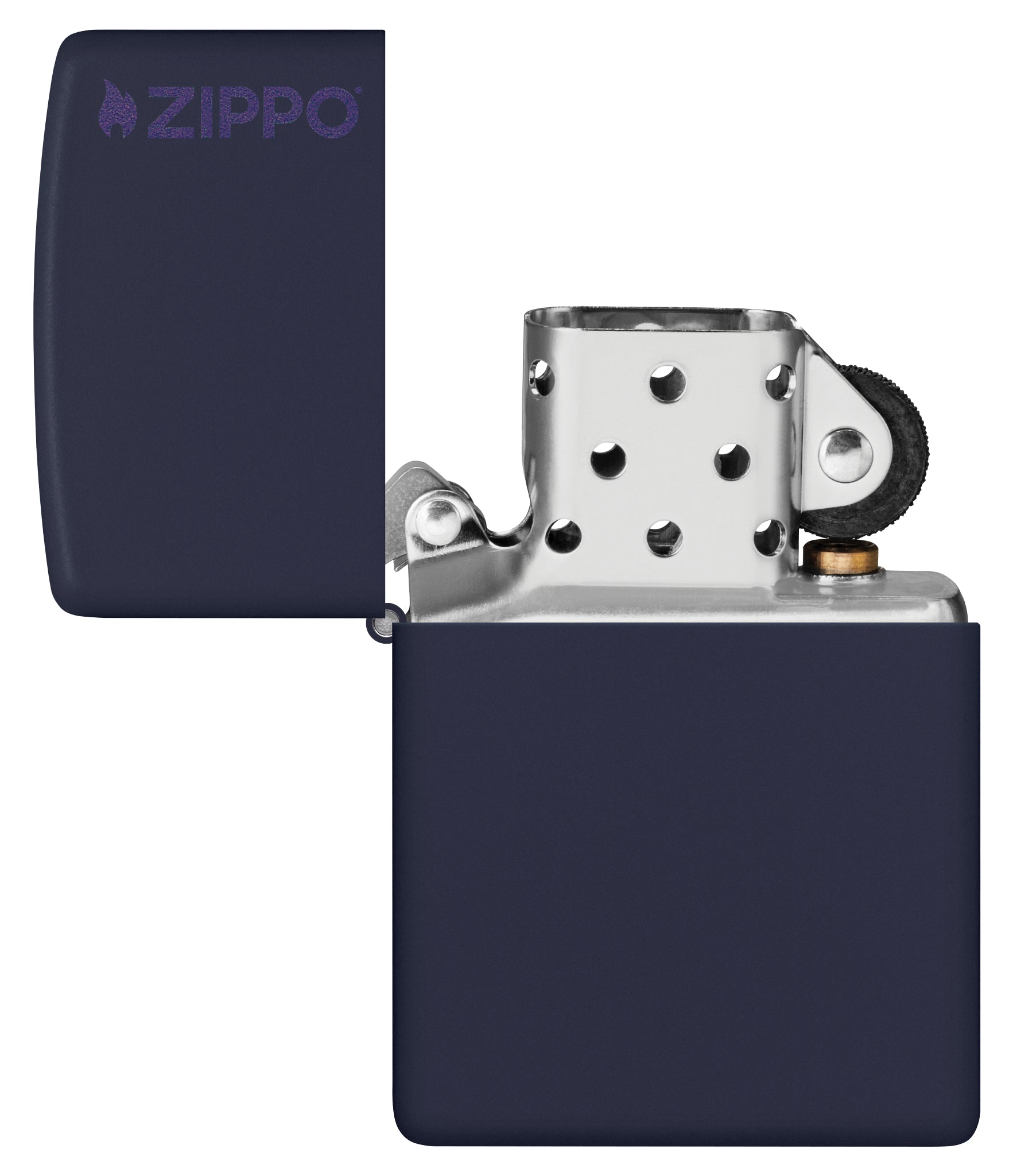 Classic Navy Matte Zippo Logo Windproof Lighter with its lid open and unlit.