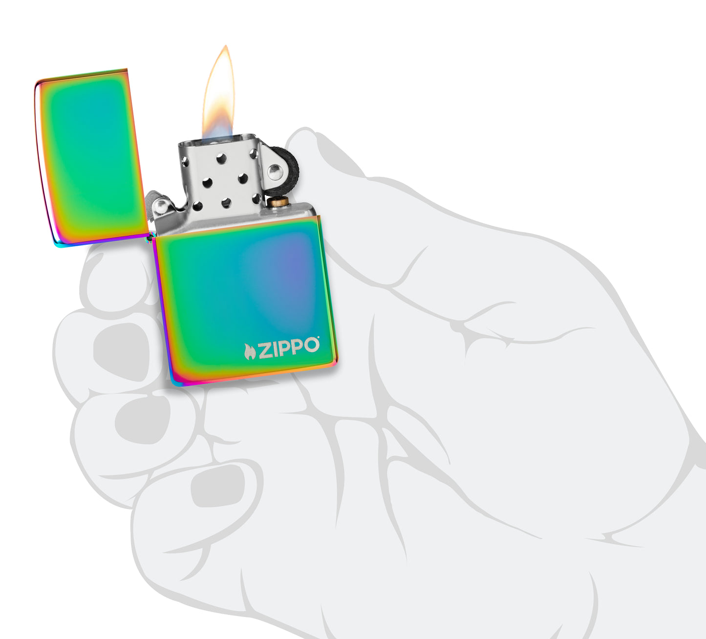 Classic Multi Color Zippo Logo Windproof Lighter lit in hand.