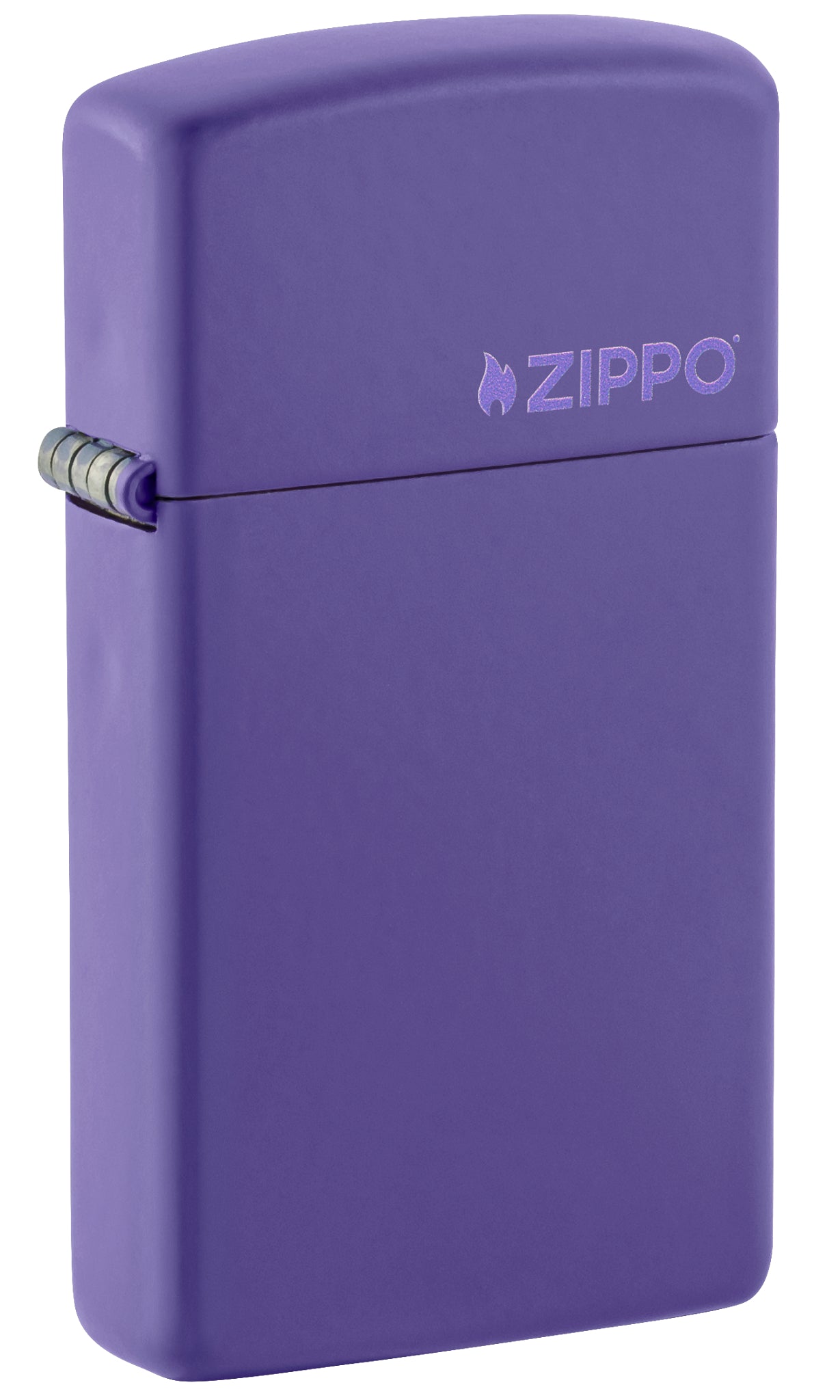 Front shot of Slim® Purple Matte Zippo Logo Windproof Lighter standing at a 3/4 angle.