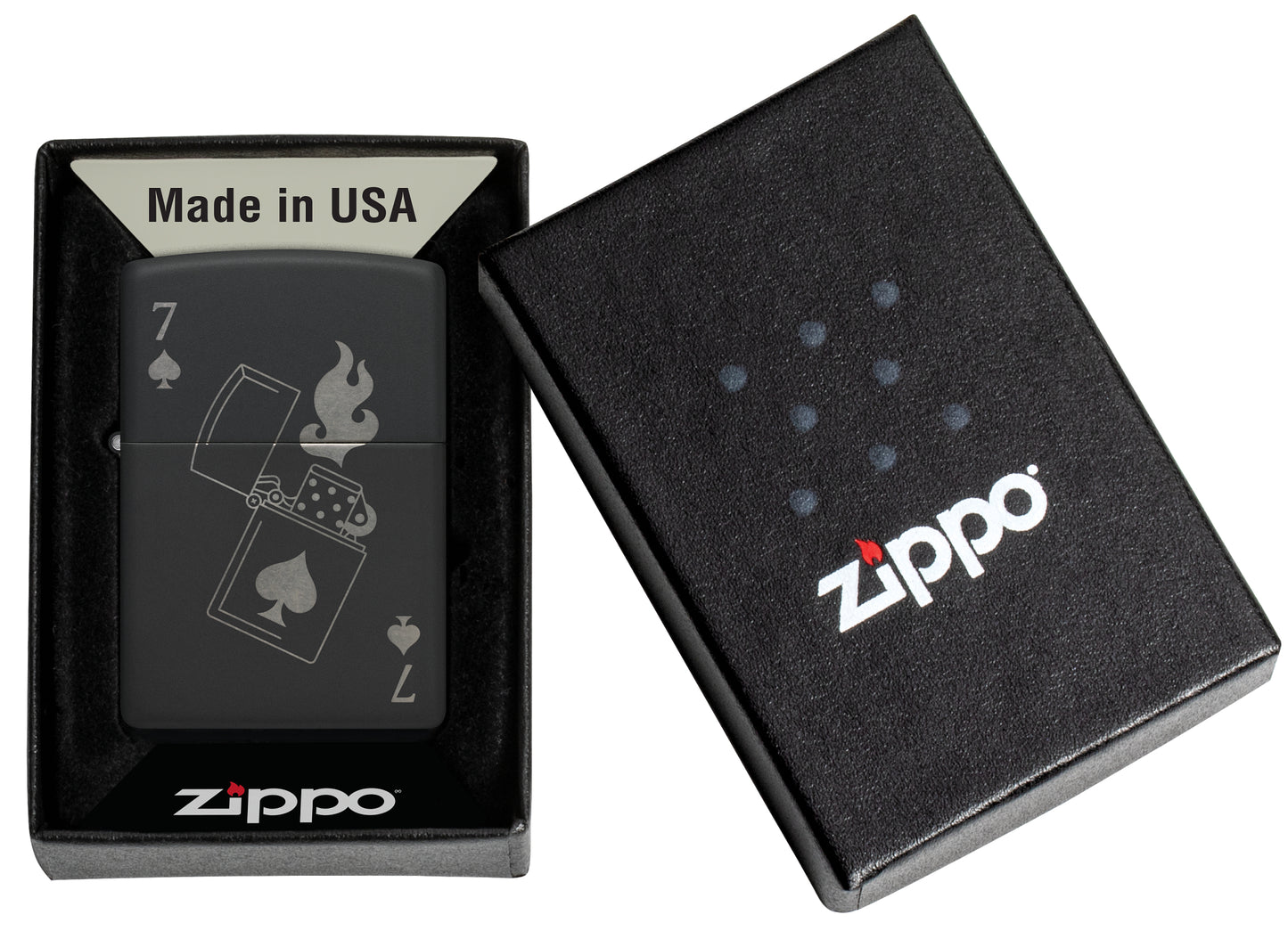 Zippo Lucky 7 Design Black Matte With Chrome Windproof Lighter in its packaging.
