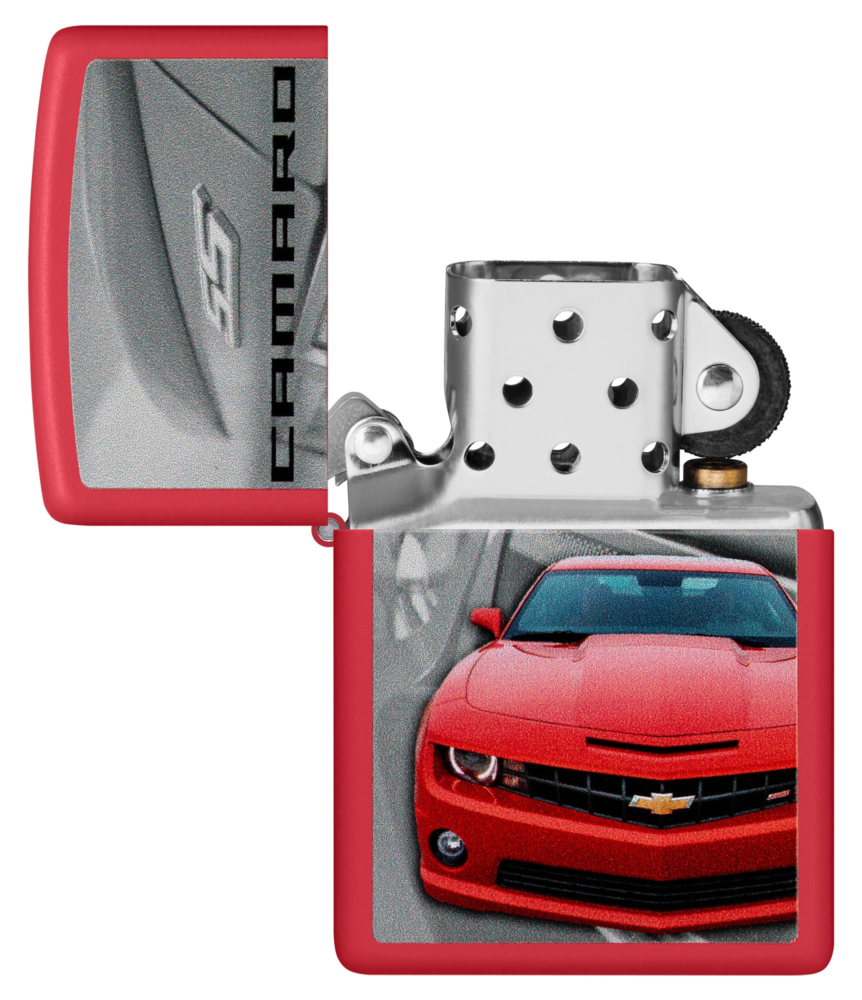 Zippo Chevrolet® Camaro Design Red Matte Windproof Lighter with its lid open and unlit.