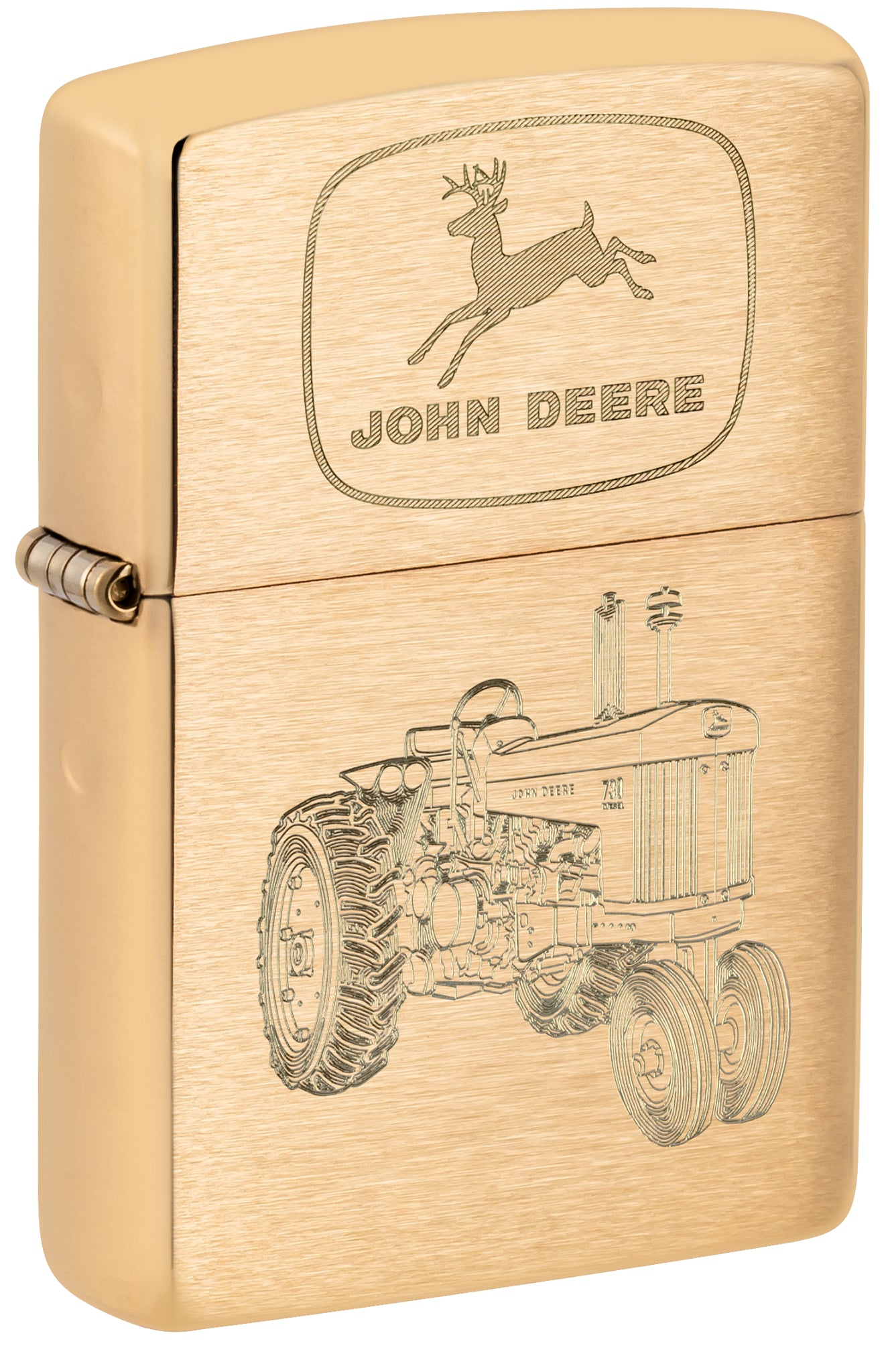 Front shot of Zippo John Deere Tractor Design Brushed Brass Windproof Lighter standing at a 3/4 angle.