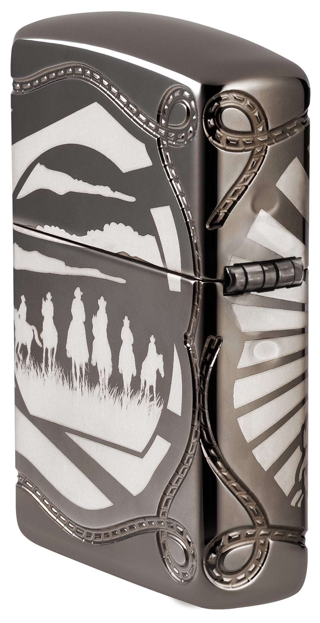 Angled shot of Zippo Skeleton Cowboy Design Armor® Black Ice Windproof Lighter showing the back and hinge side of the lighter.