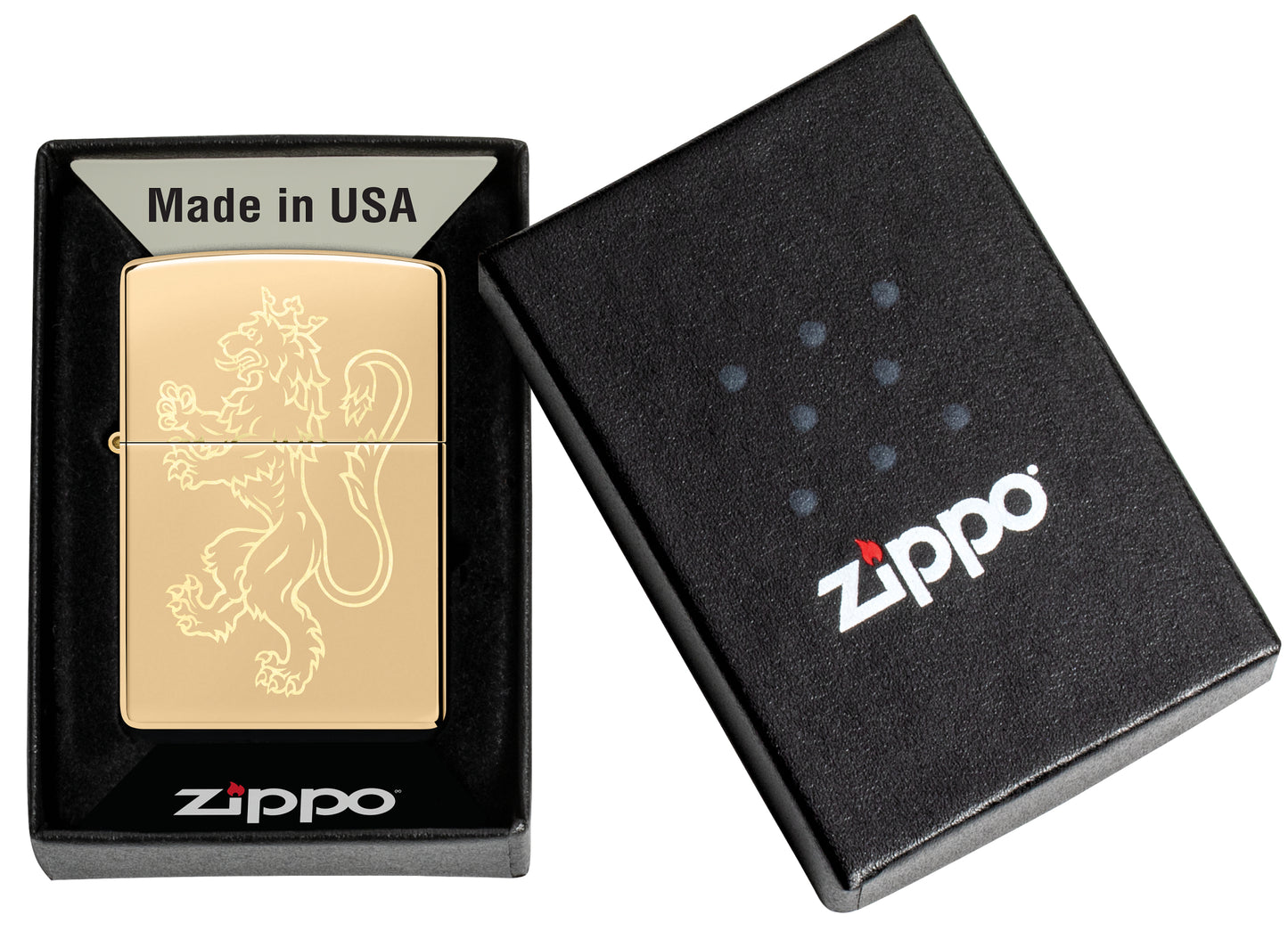 Zippo Fighting Lion Design High Polish Brass Windproof Lighter in its packaging.