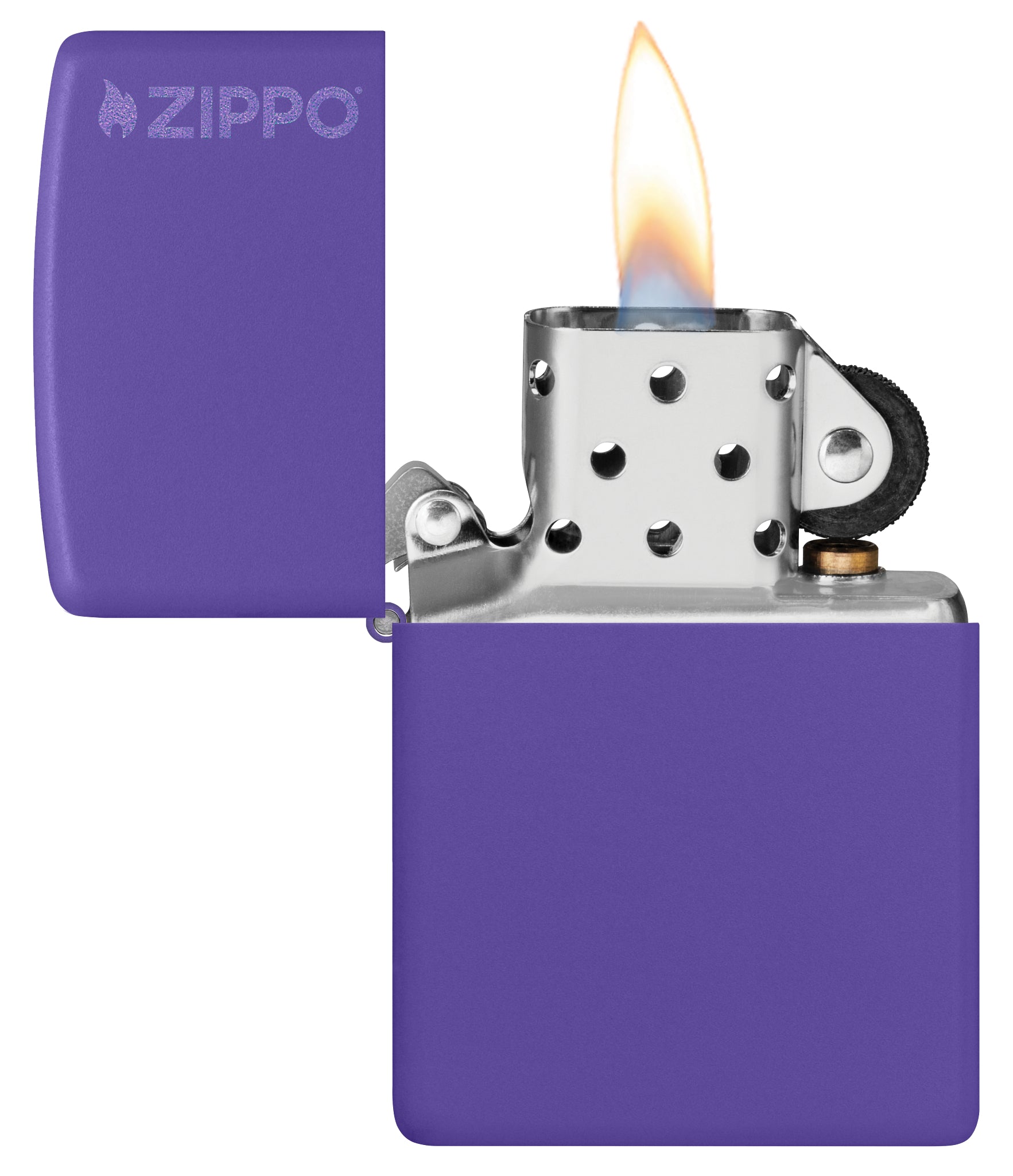 Classic Purple Matte Zippo Logo Windproof Lighter with its lid open and lit.