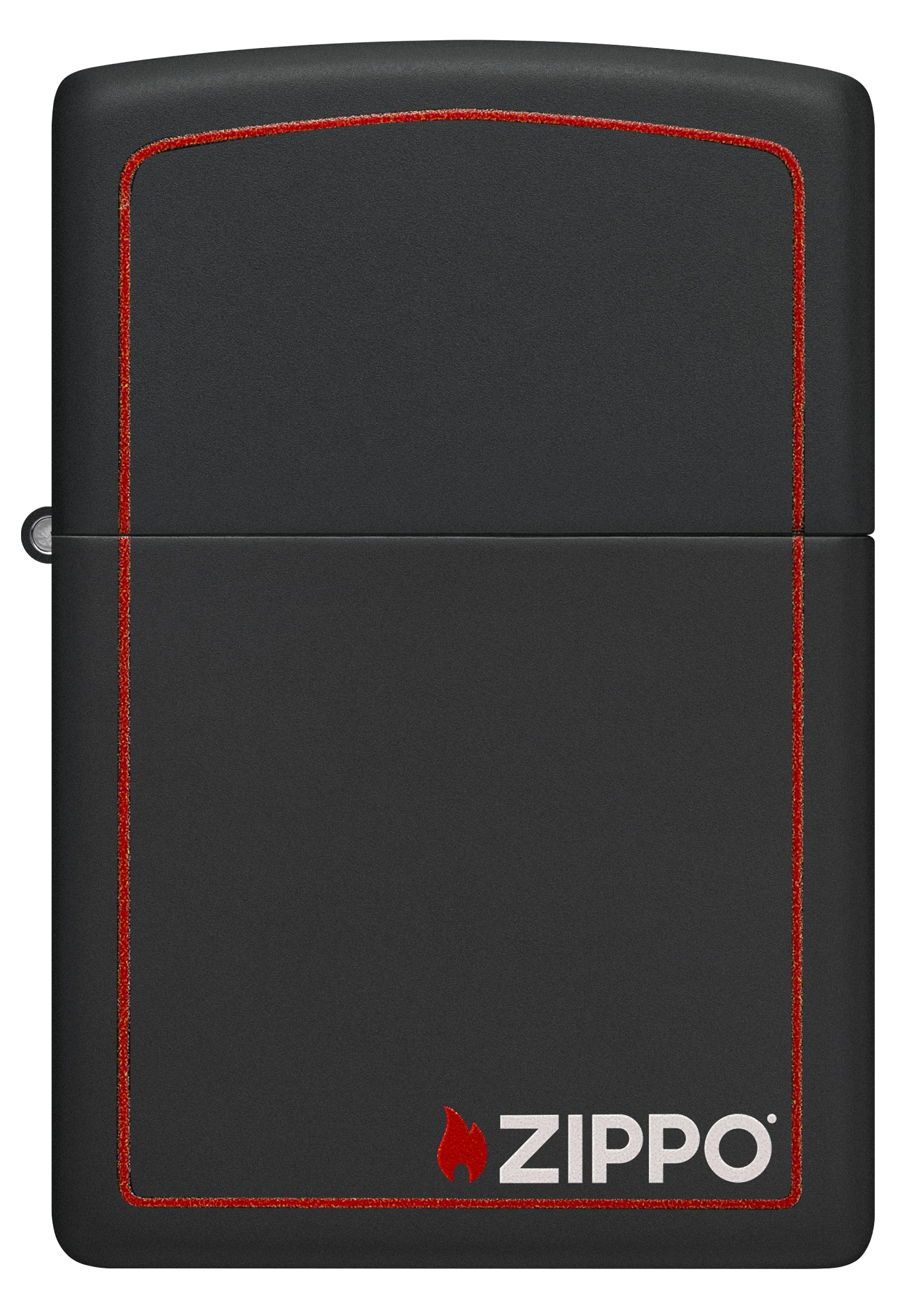 Front view of Classic Zippo Logo with Red Border Black Matte Windproof Lighter.