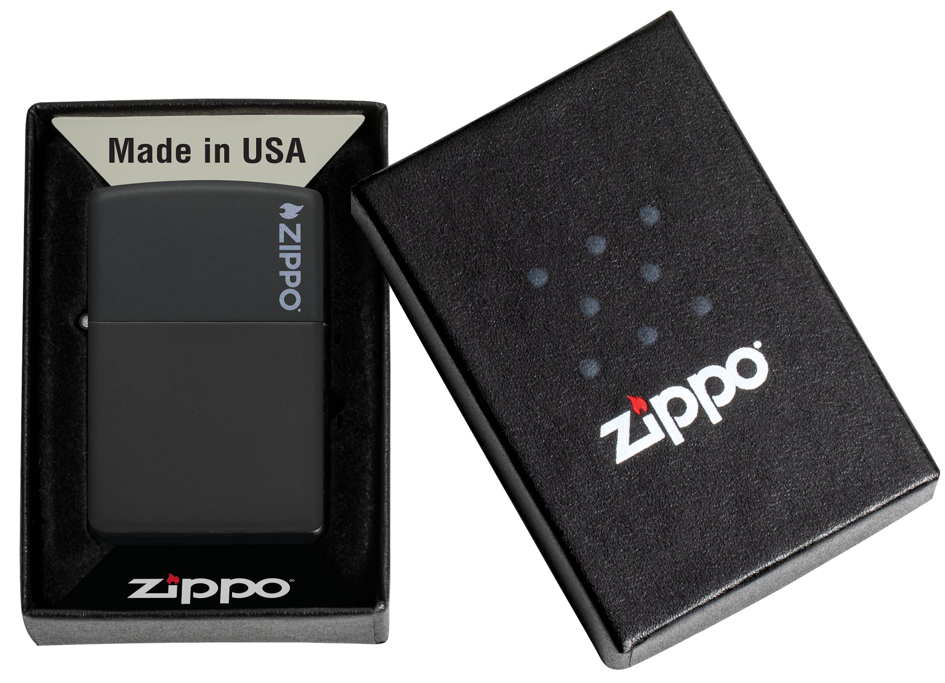 Classic Black Matte Zippo Logo Windproof Lighter in its packaging.