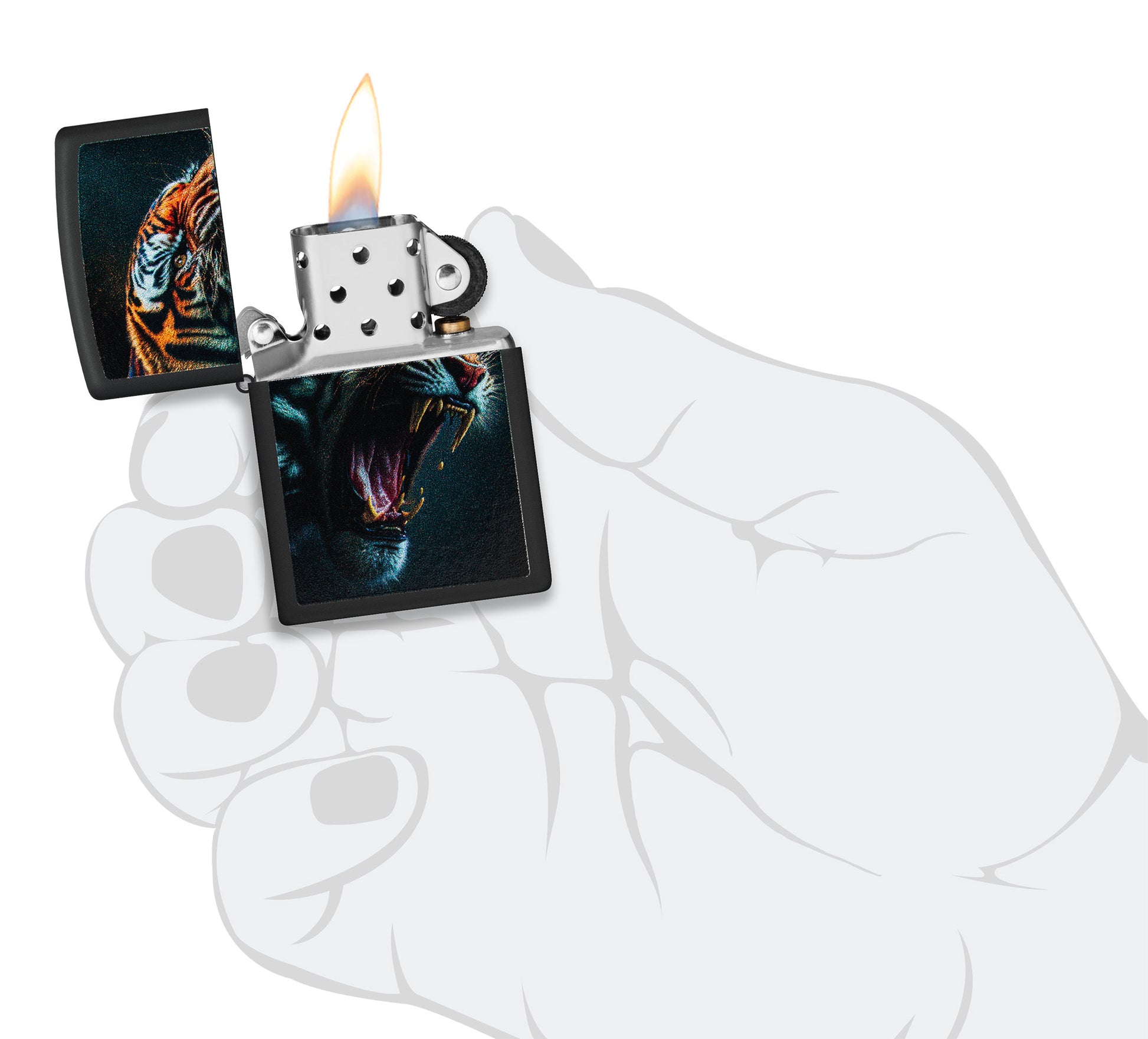 Zippo Tiger Roar Design Black Matte Windproof Lighter lit in hand.