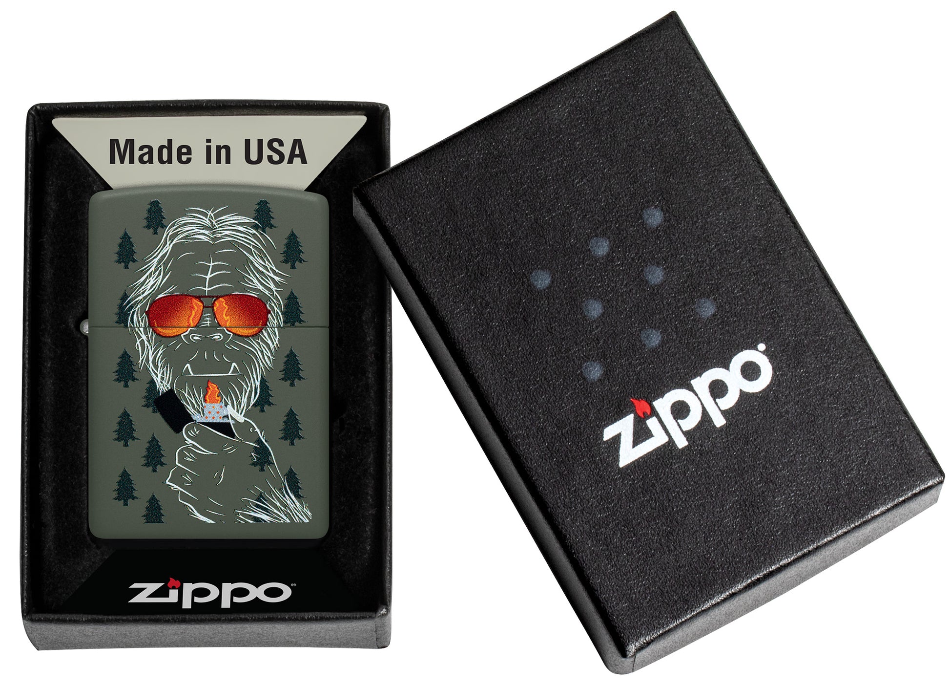 Zippo Zipsquatch Design Green Matte Windproof Lighter in its packaging.