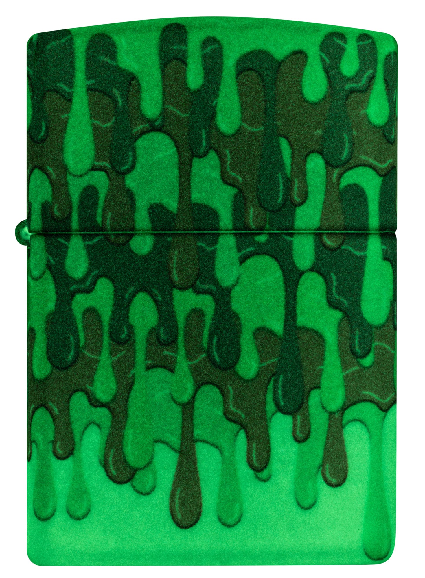 Front view of Zippo Glowing Slime Design Glow in the Dark Windproof Lighter glowing in the dark.