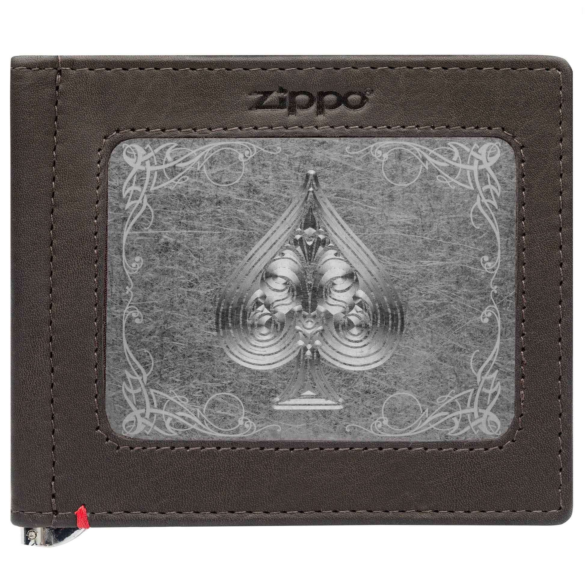 Front of mocha Leather Wallet With Spade Metal Plate - ID Window