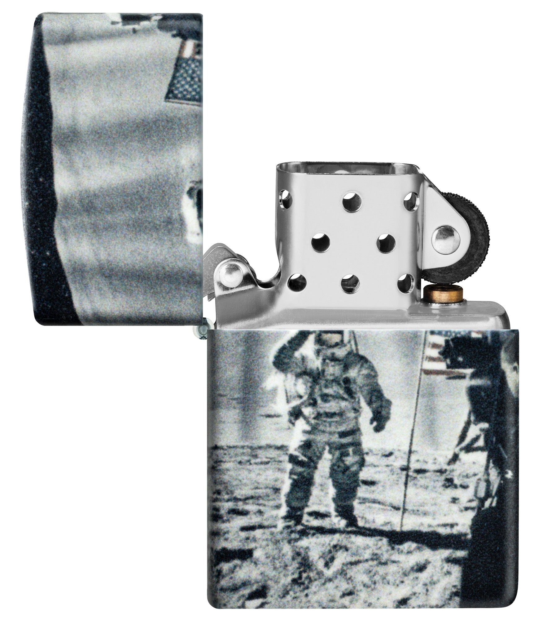 Zippo Astro-not Design 540 Matte Windproof Lighter with its lid open and unlit.