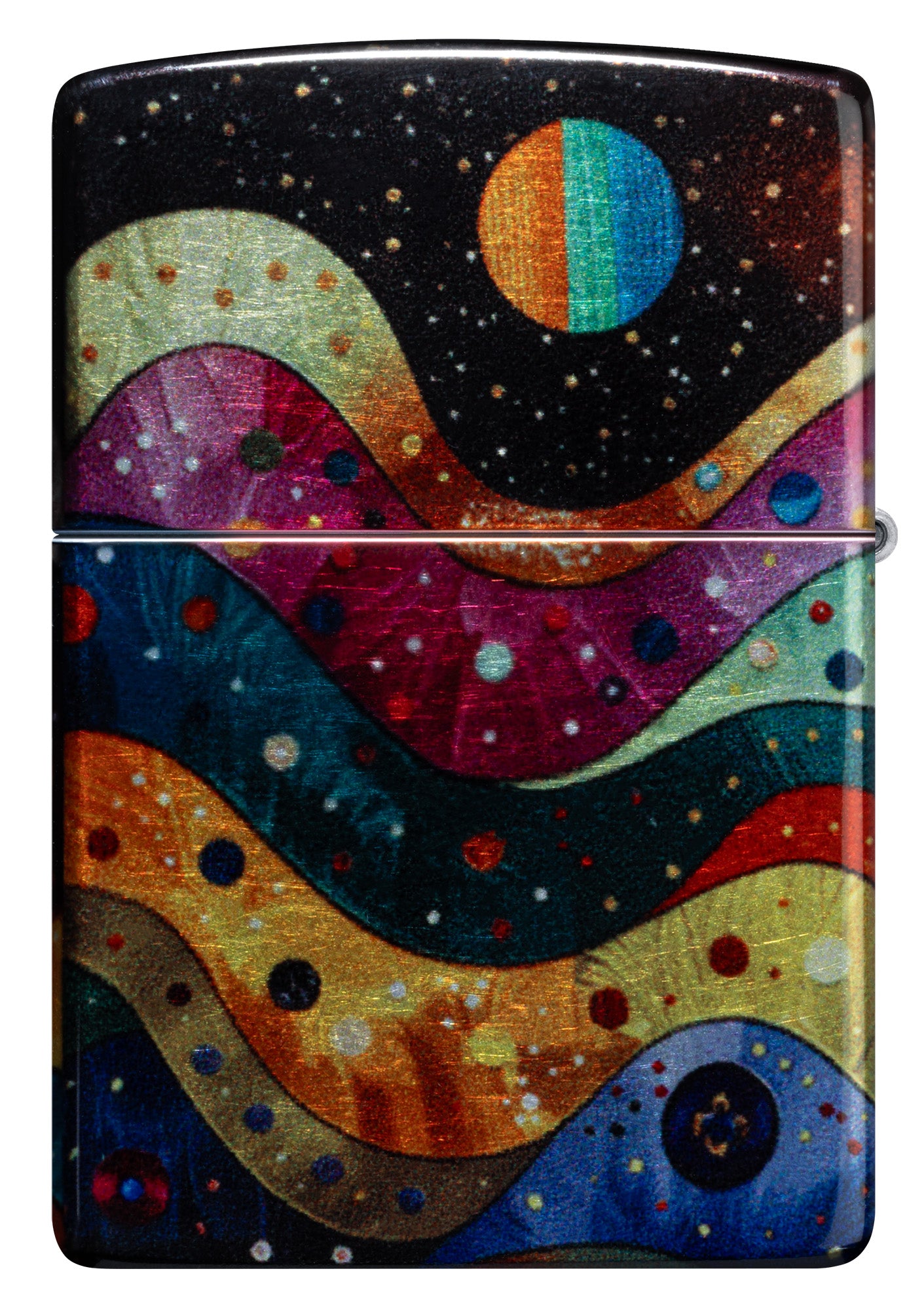 Back view of Zippo Space Fusion Design 540 Tumbled Chrome Windproof Lighter.