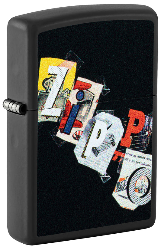 Front shot of Zippo Cut and Paste Design Black Matte Windproof Lighter standing at a 3/4 angle.