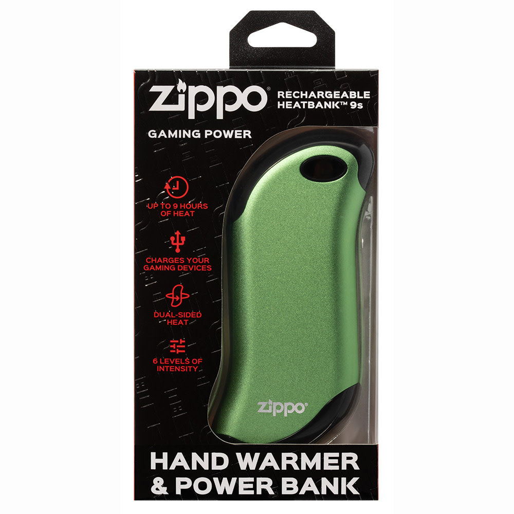 Green HeatBank® 9s Rechargeable Gaming Hand Warmers in it's packaging.