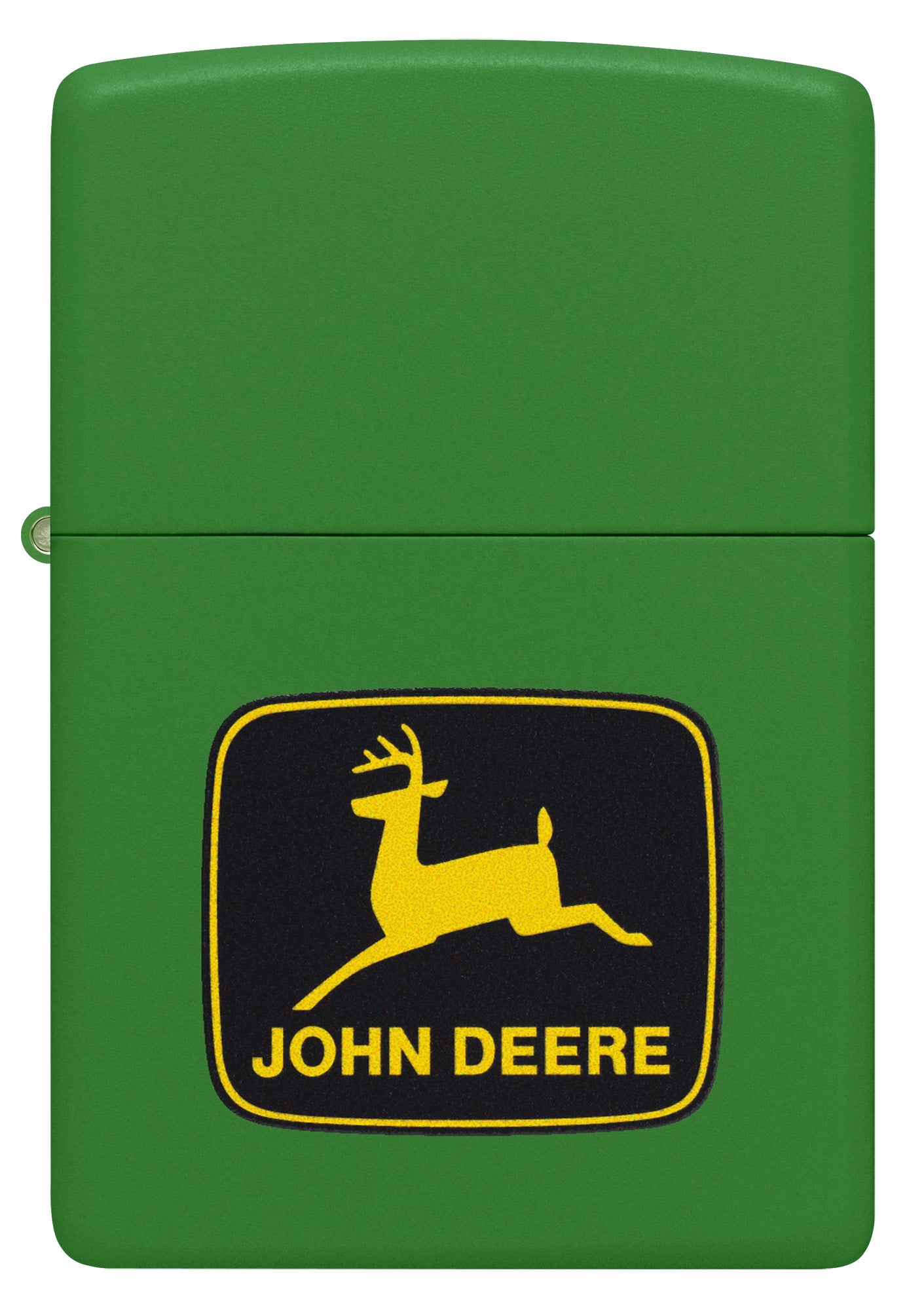 Front view of Zippo John Deere Logo Design Moss Green Pocket Lighter.