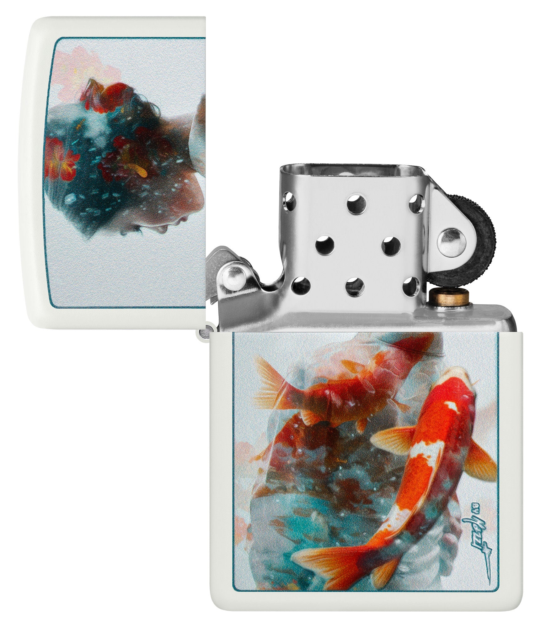 Zippo Mazzi Texture Print White Matte Windproof Lighter with its lid open and unlit.