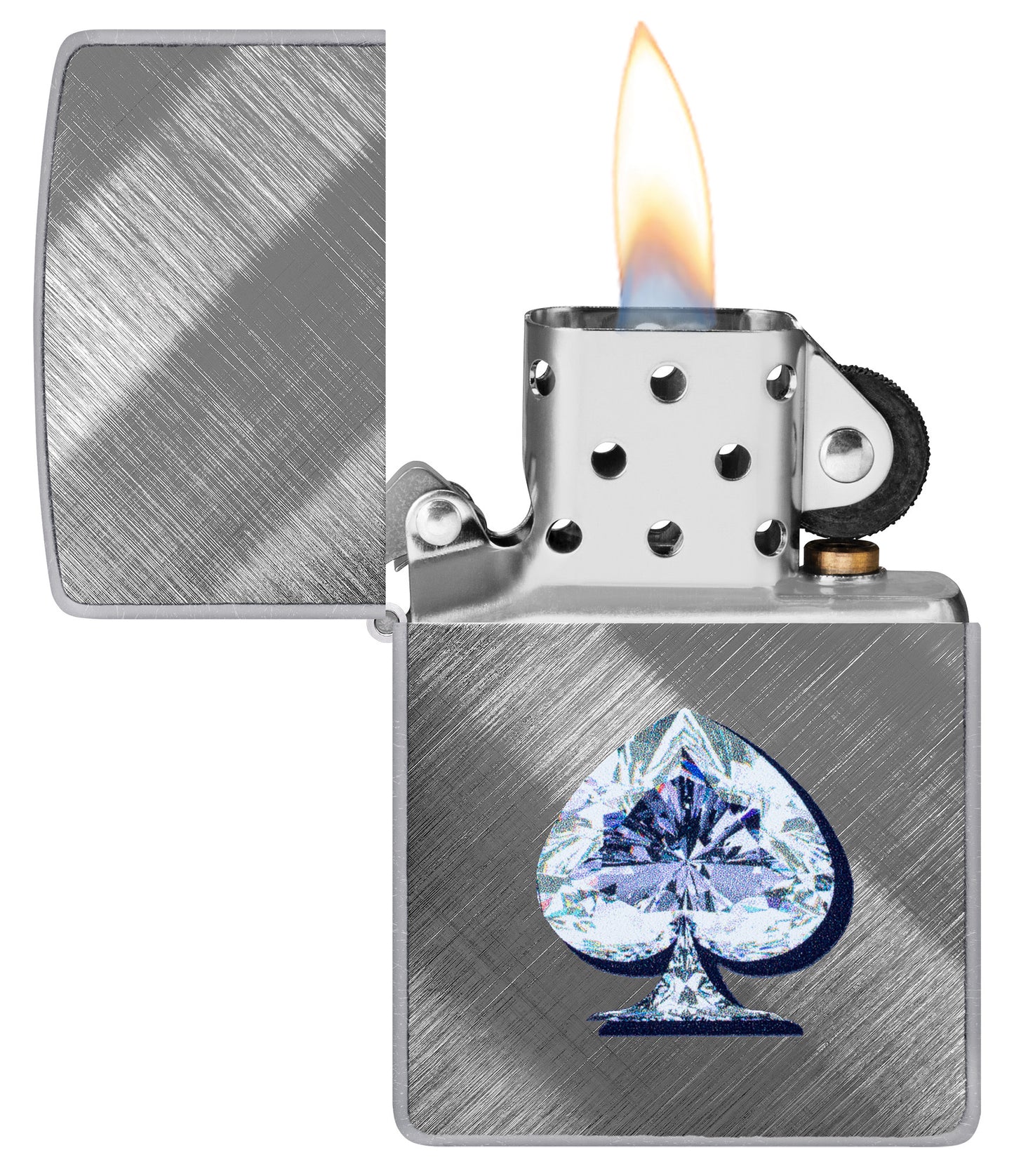 Zippo Gleaming Spade Design Diagonal Weave Windproof Lighter with its lid open and lit.